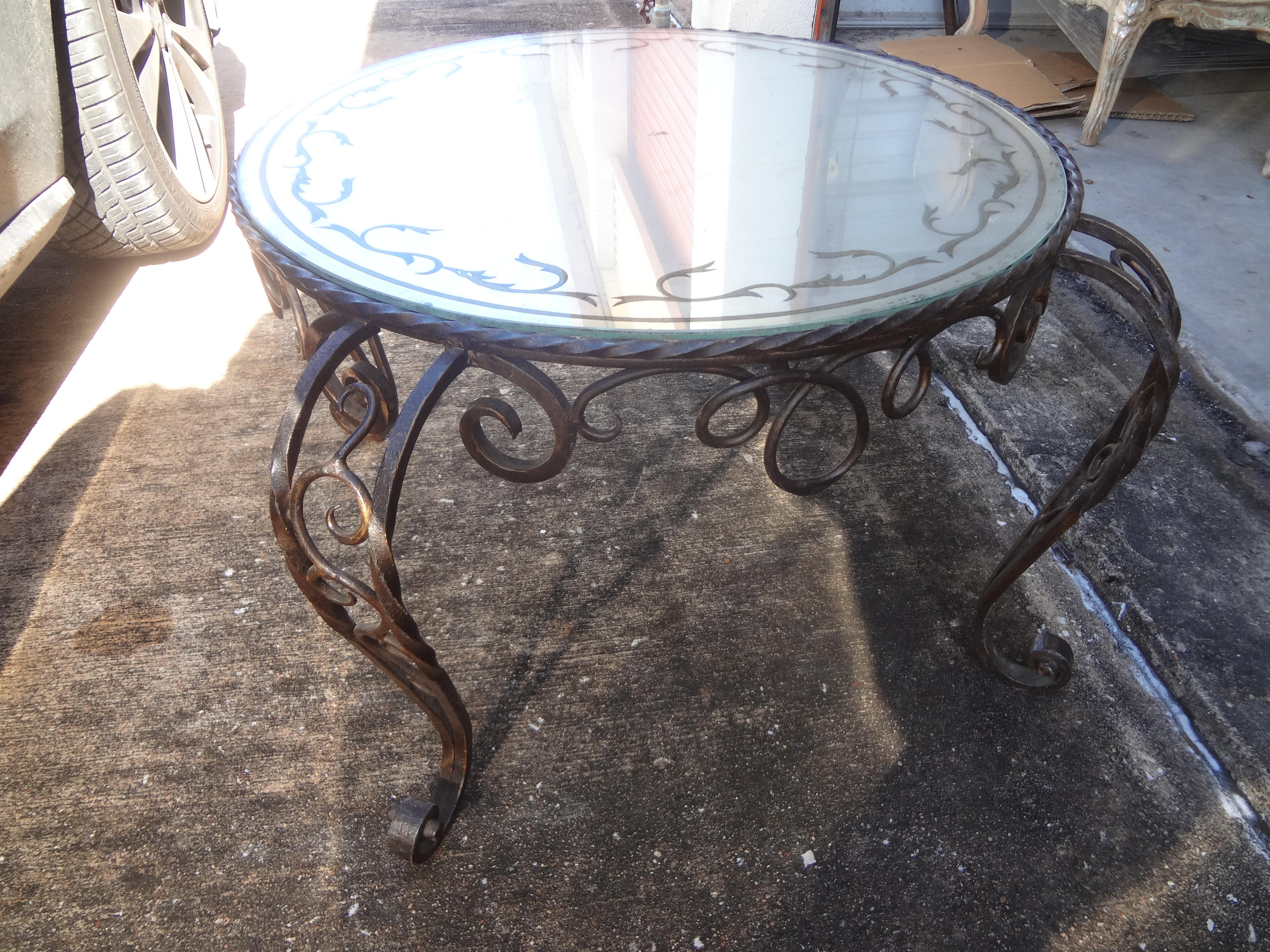 Hollywood Regency French Wrought Iron Cocktail Table with Églomisé Top Att. René Drouet For Sale