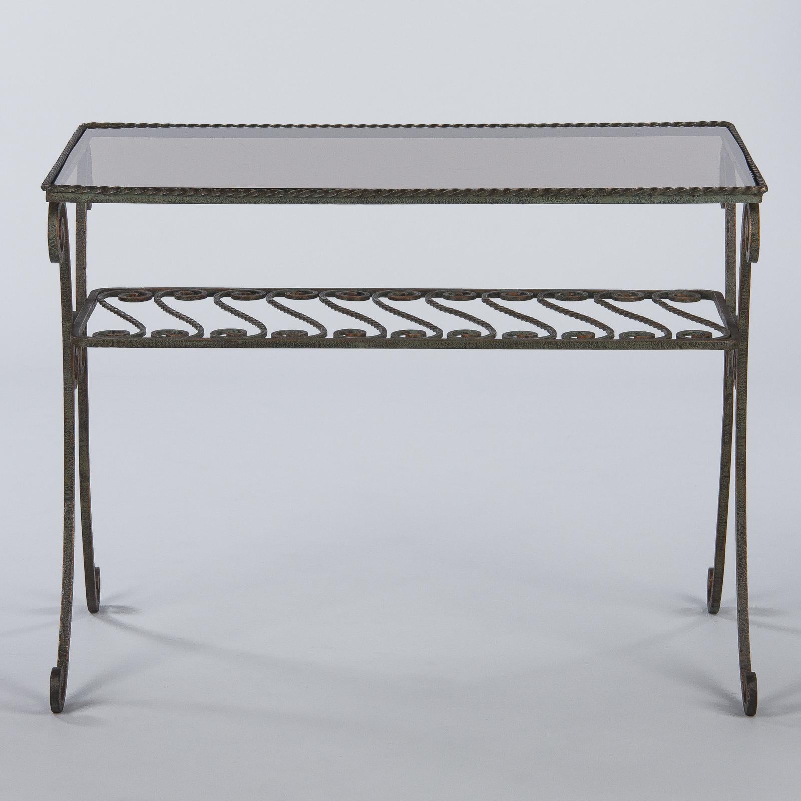 French Wrought Iron Console Table with Glass Top, 1940s 6