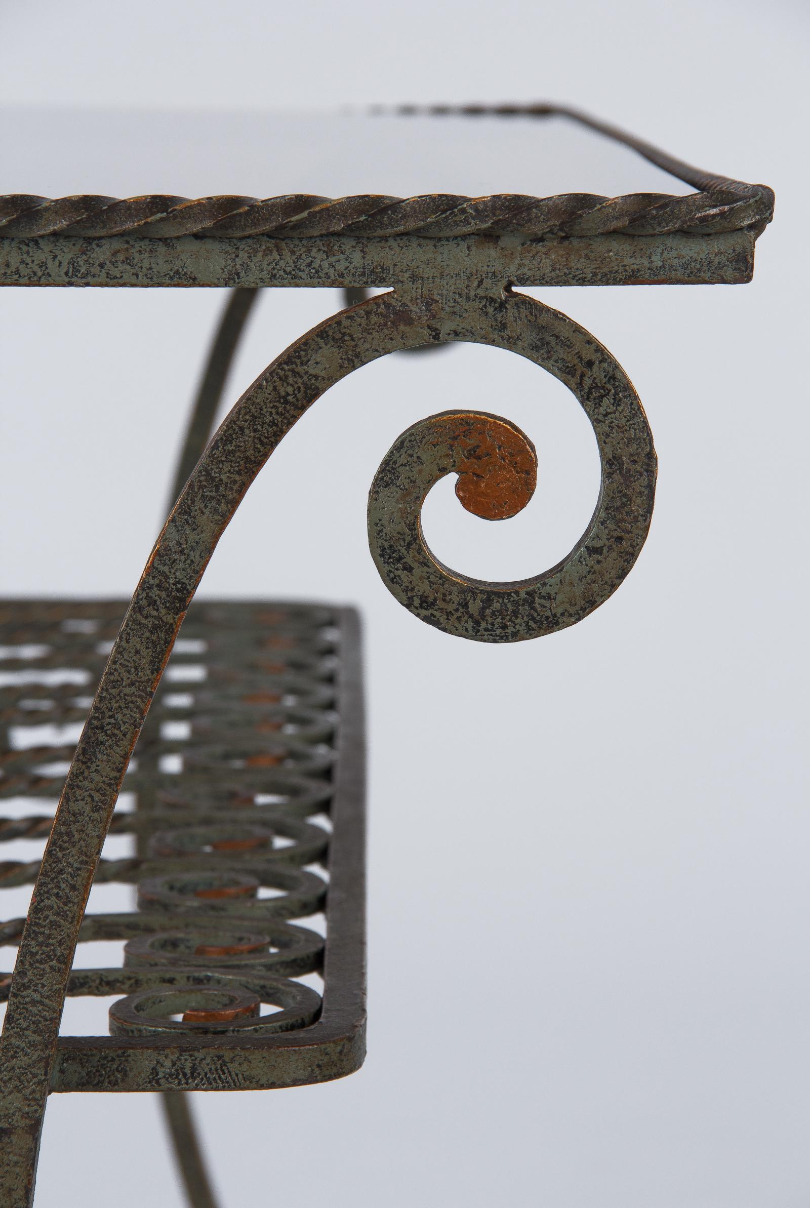 20th Century French Wrought Iron Console Table with Glass Top, 1940s