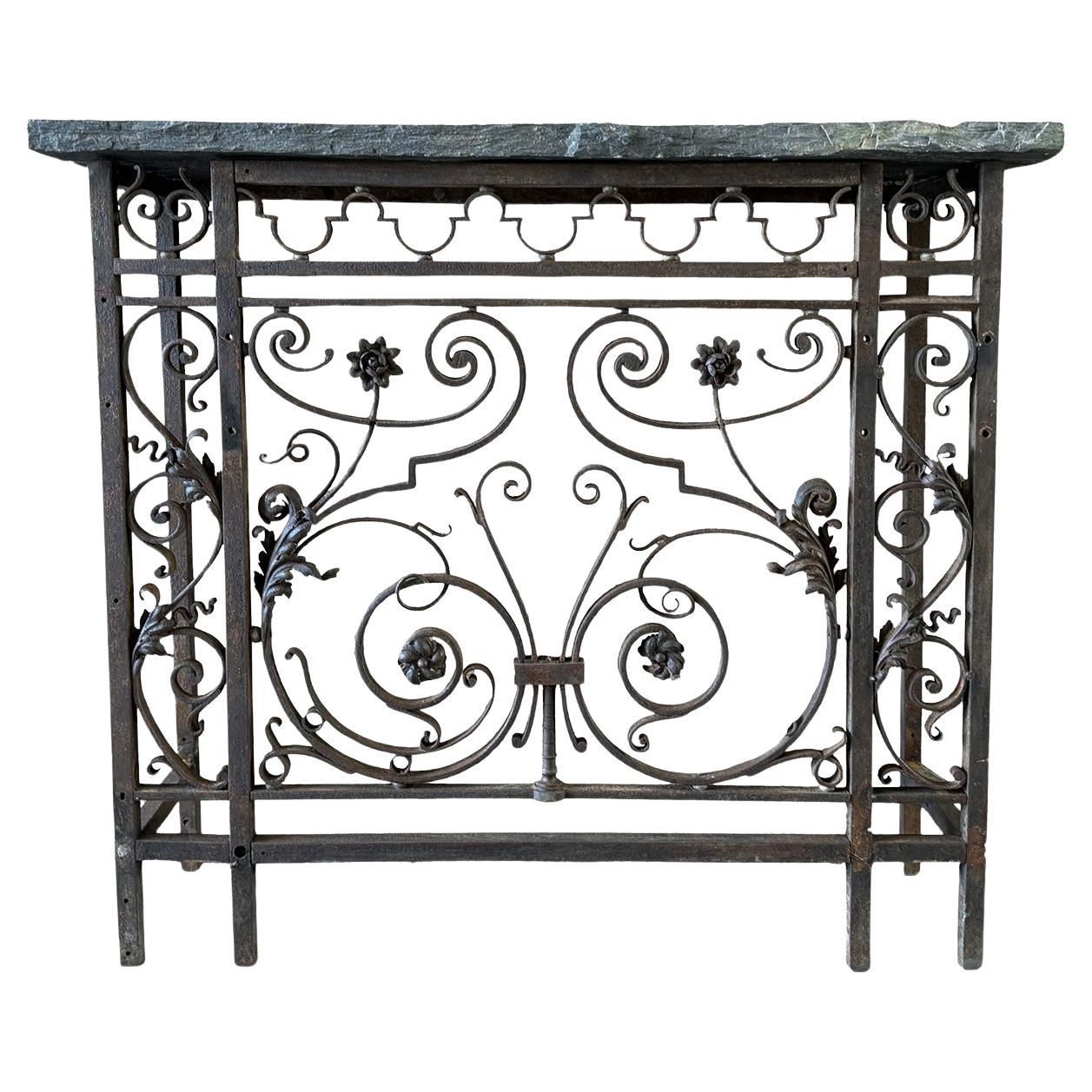 1950s French Console Table, Wrought Iron with Slate Top and Scrollwork