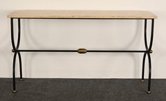 French Wrought Iron Console Table with Travertine, 1960s