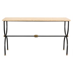 French Wrought Iron Console Table with Travertine, 1960s