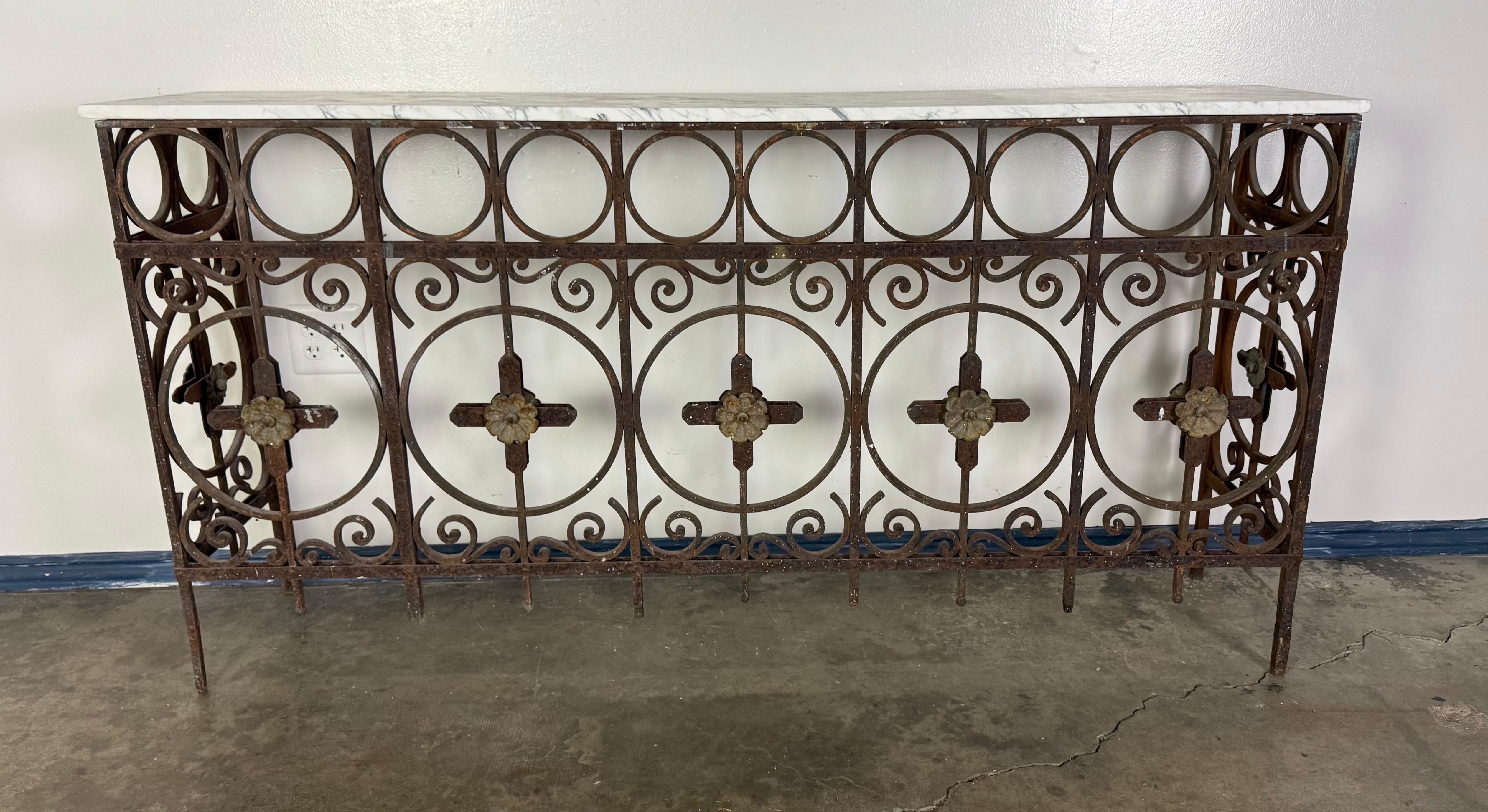 French Wrought Iron Console w/ Marble Top In Distressed Condition In Los Angeles, CA