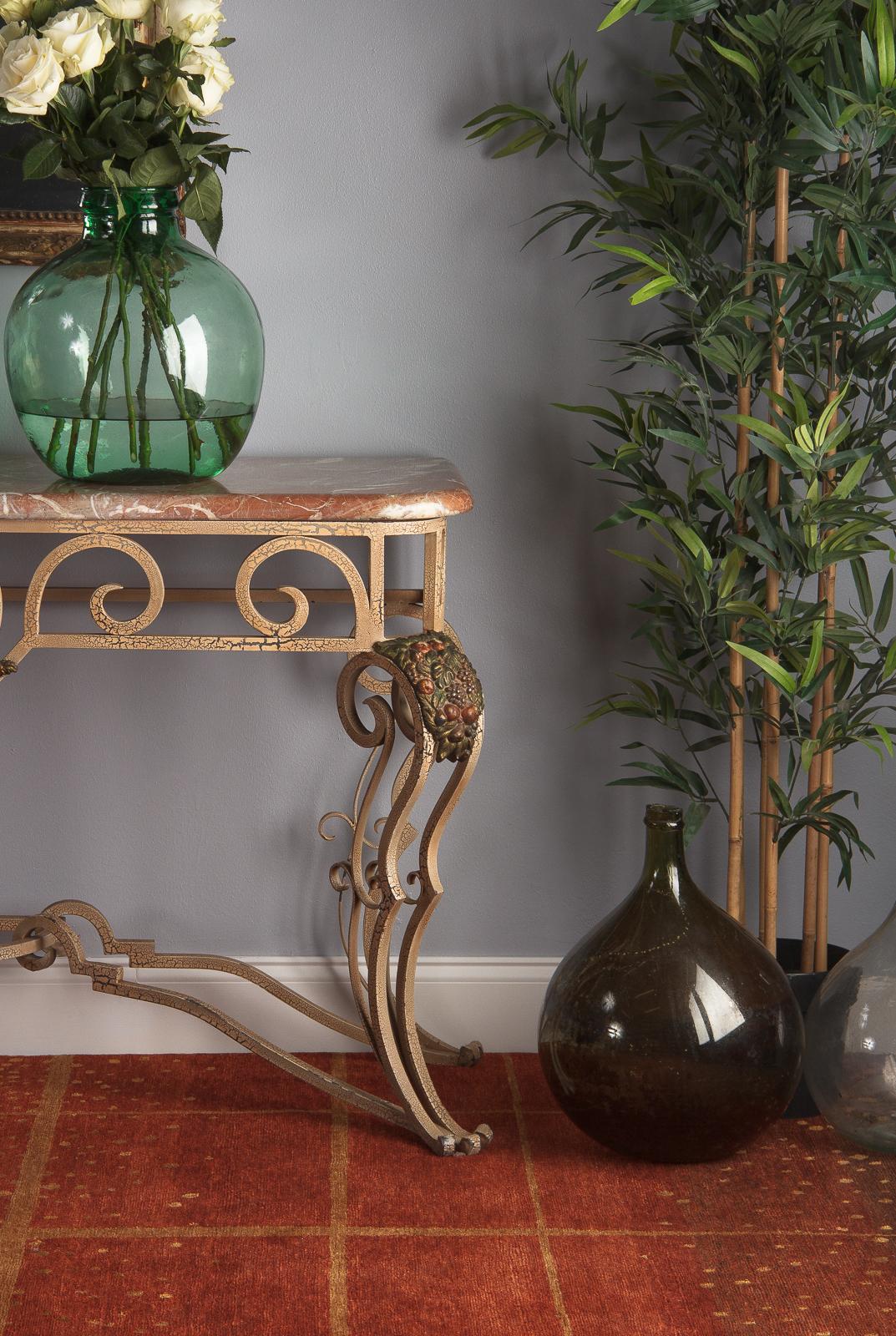 French Wrought Iron Console Table with Marble Top, 1950s 6
