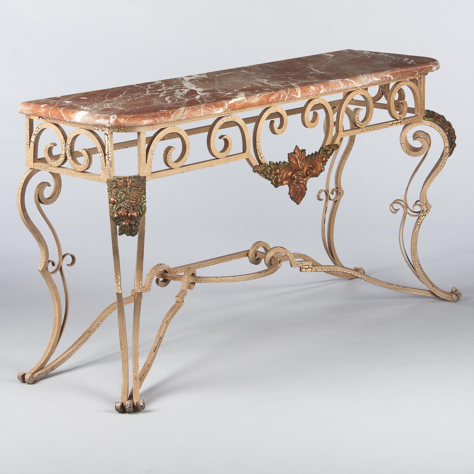 French Wrought Iron Console Table with Marble Top, 1950s 1