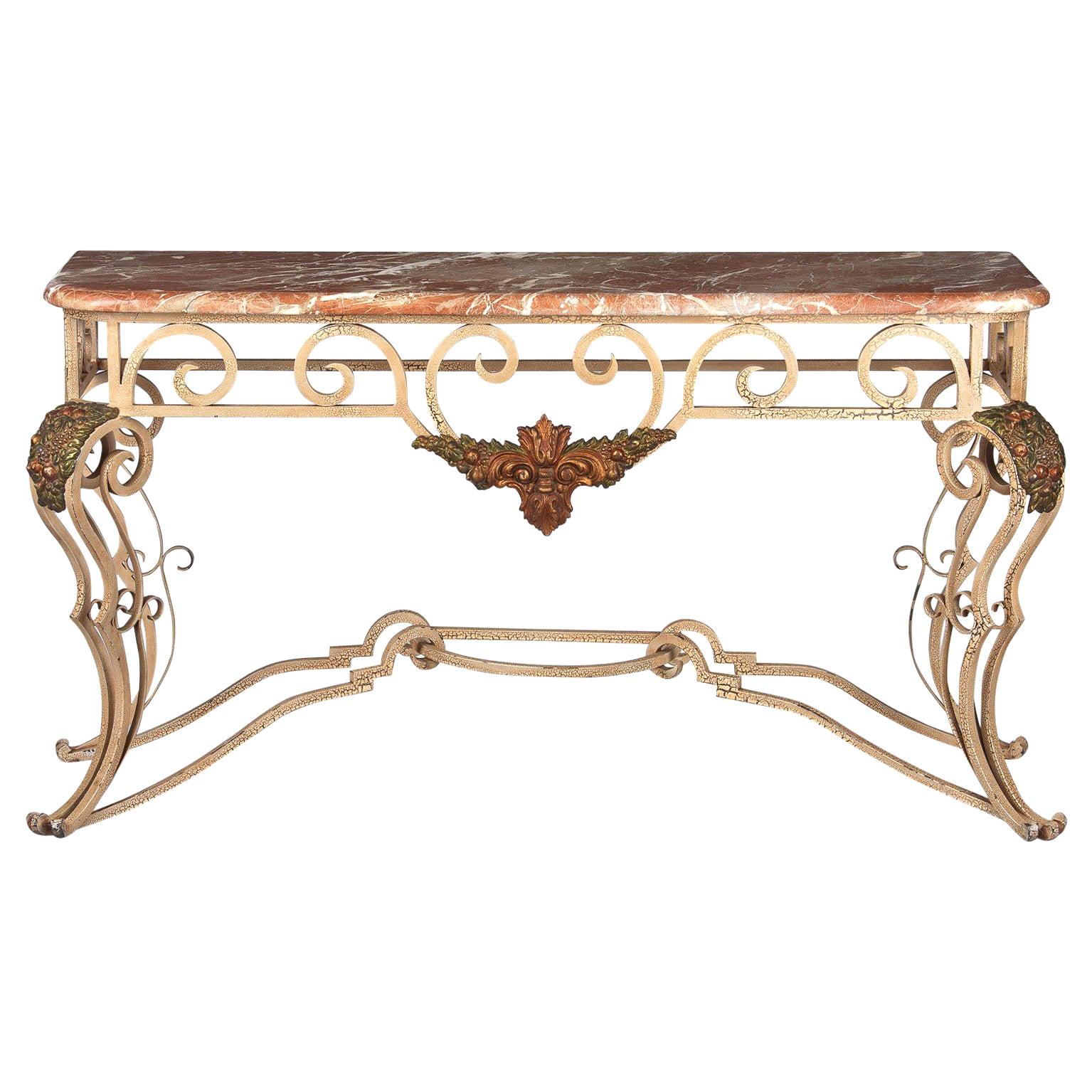 French Wrought Iron Console Table with Marble Top, 1950s