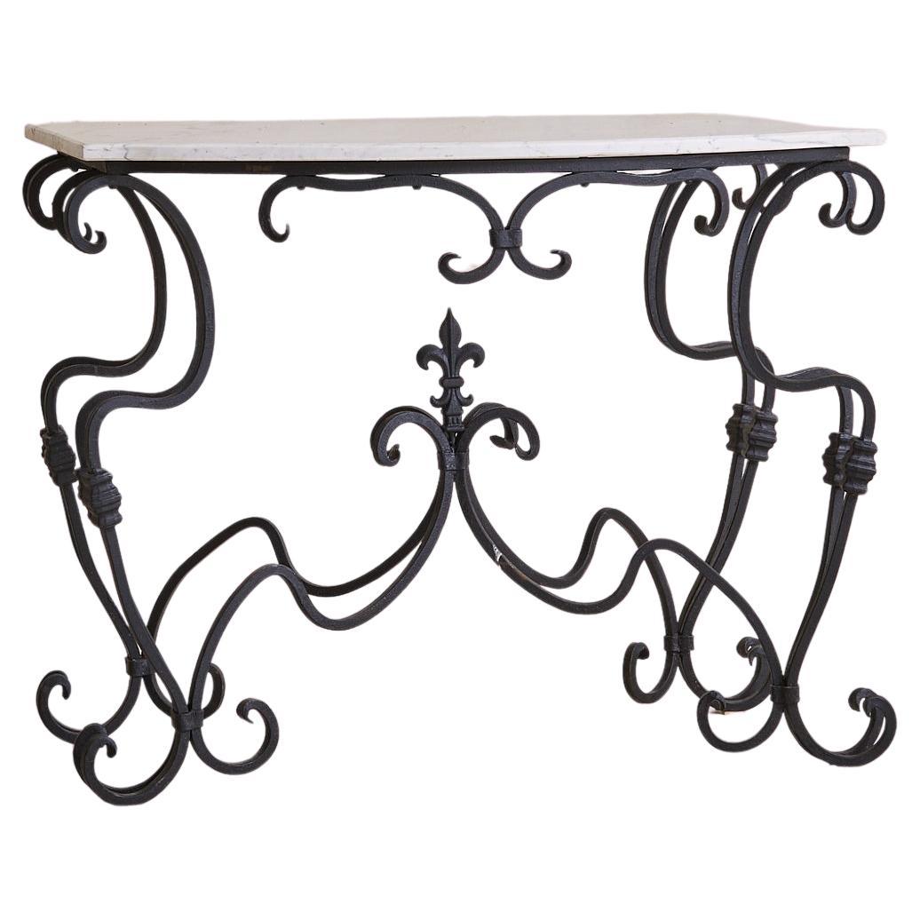French Wrought Iron Console with White Marble Top, 1940s