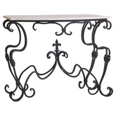 French Wrought Iron Console with White Marble Top, 1940s French Wrought Iron Console with White Marble Top, 1940s