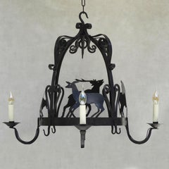 French Wrought Iron Crown Game Hanger Chandelier c1900