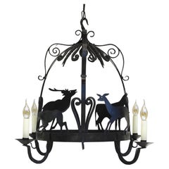 French Wrought Iron Crown Game Hanger Chandelier c1900