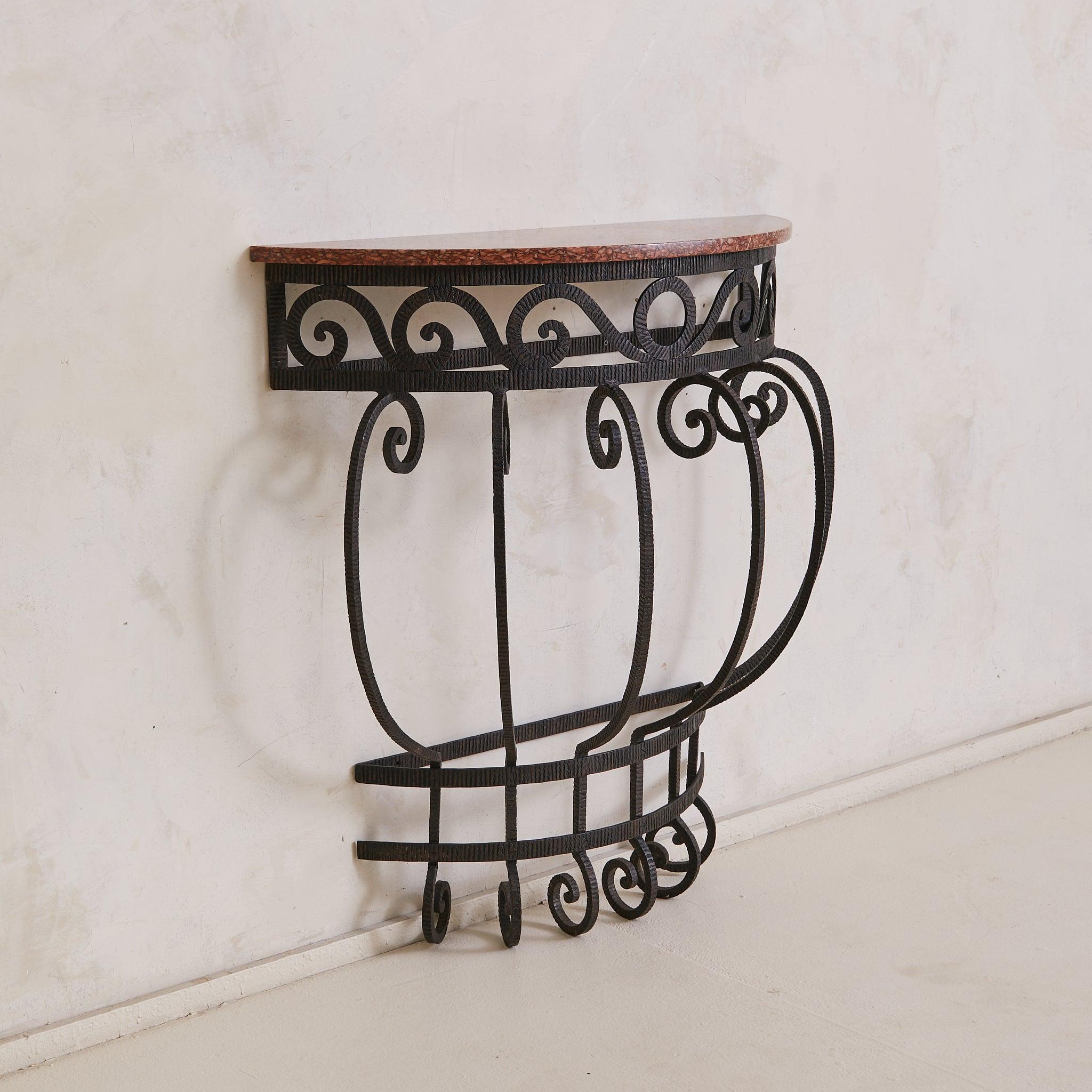 Neoclassical French Wrought Iron Demilune Console with Rosso Verona Marble Top, 1940s For Sale