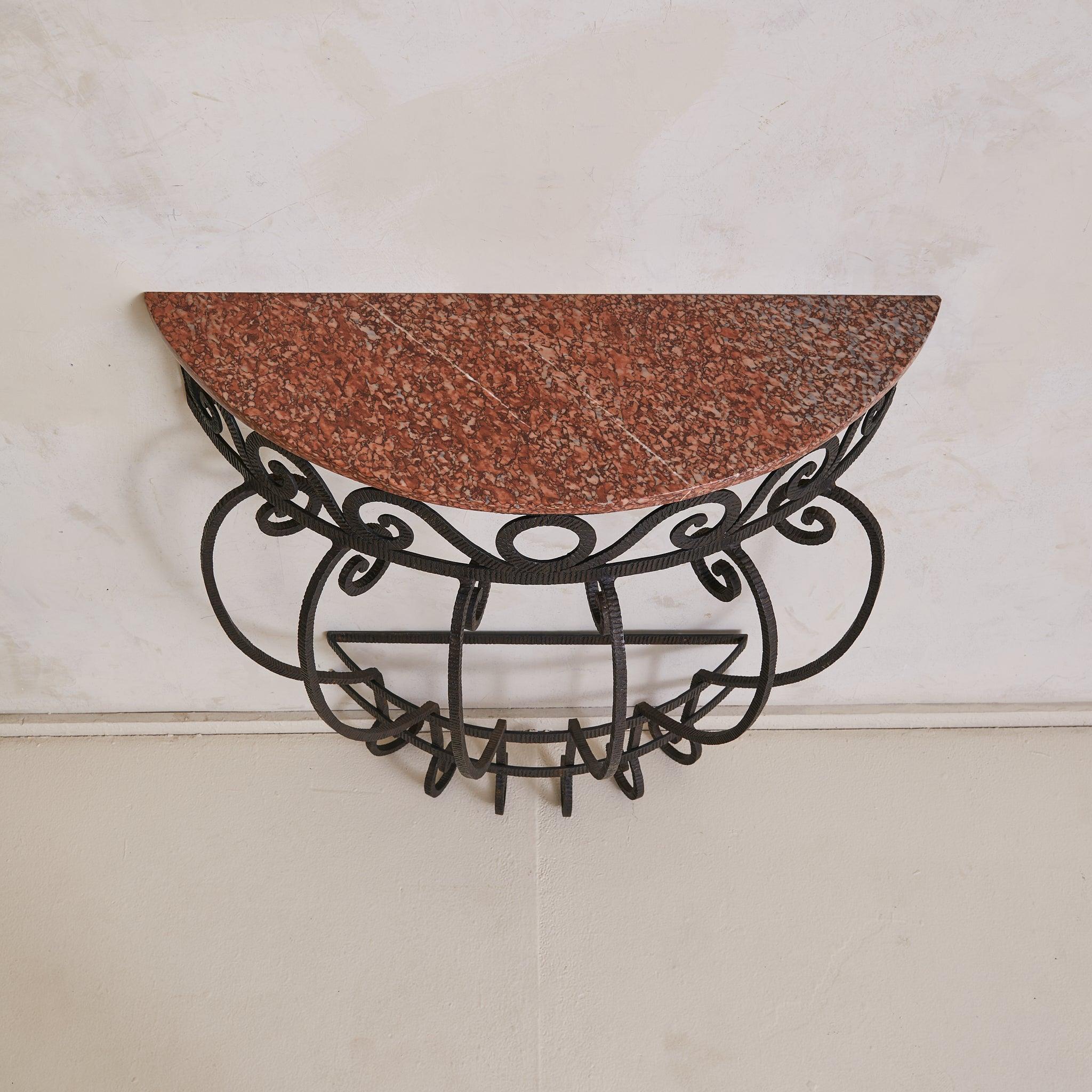 French Wrought Iron Demilune Console with Rosso Verona Marble Top, 1940s In Good Condition For Sale In Chicago, IL