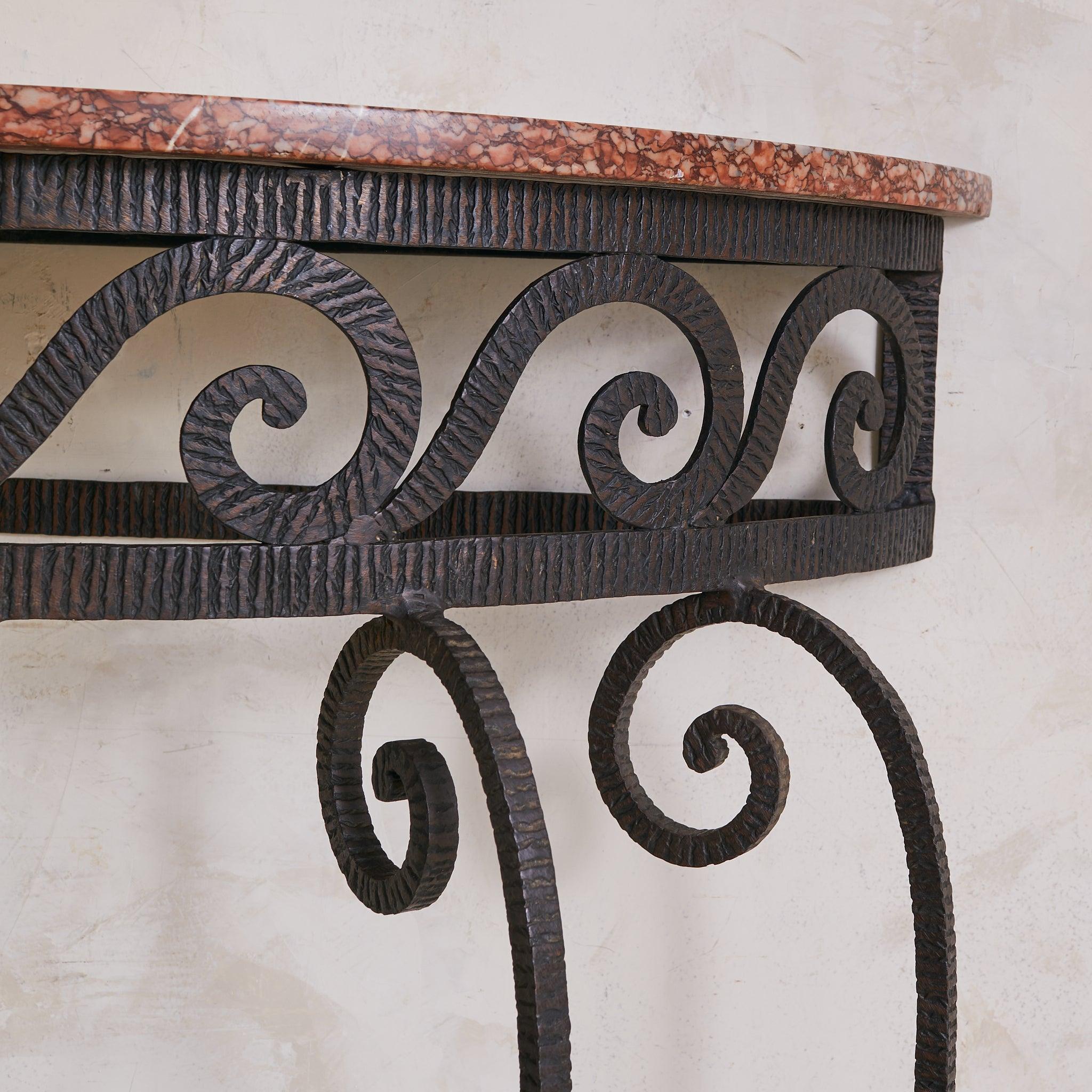 Mid-20th Century French Wrought Iron Demilune Console with Rosso Verona Marble Top, 1940s For Sale