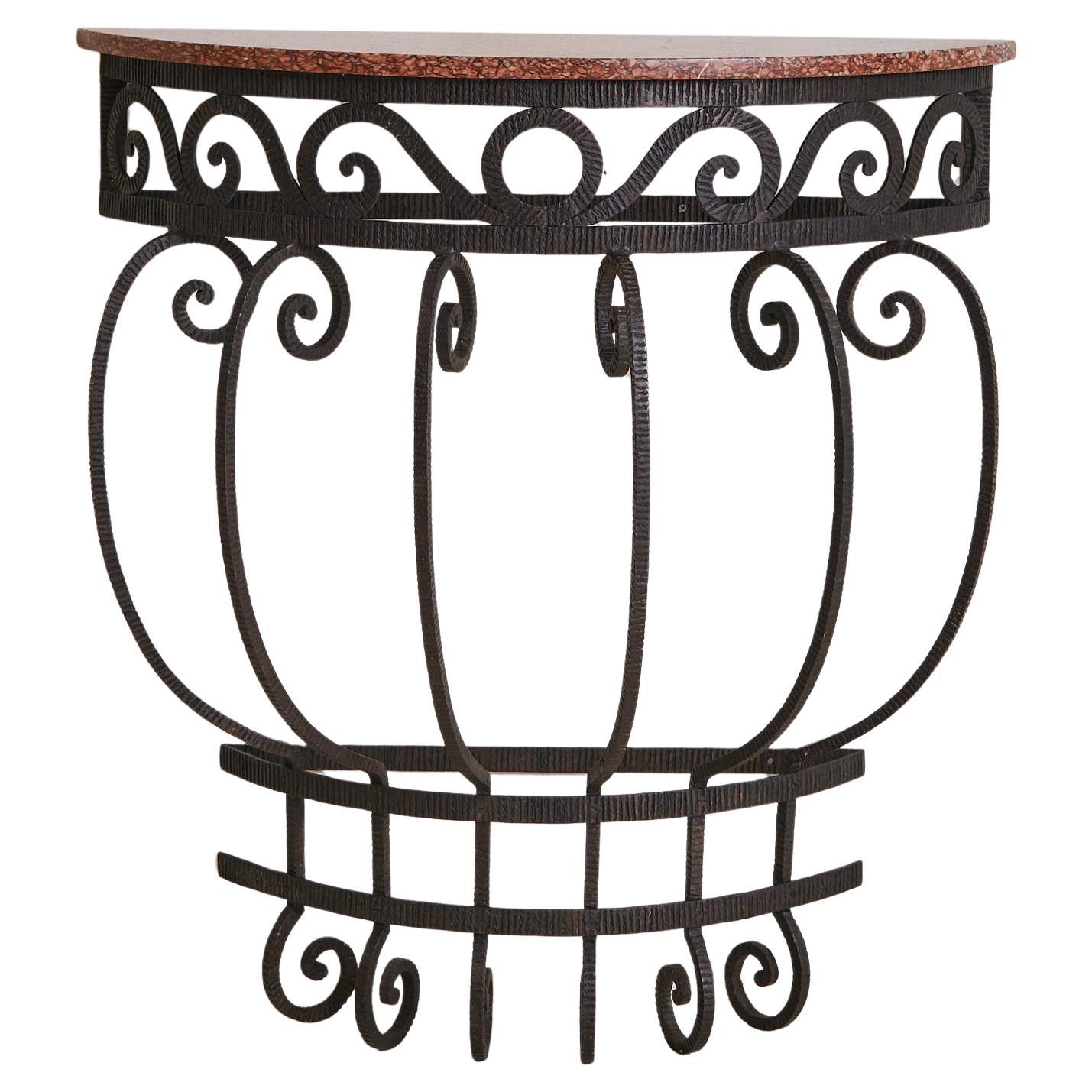 French Wrought Iron Demilune Console with Rosso Verona Marble Top, 1940s