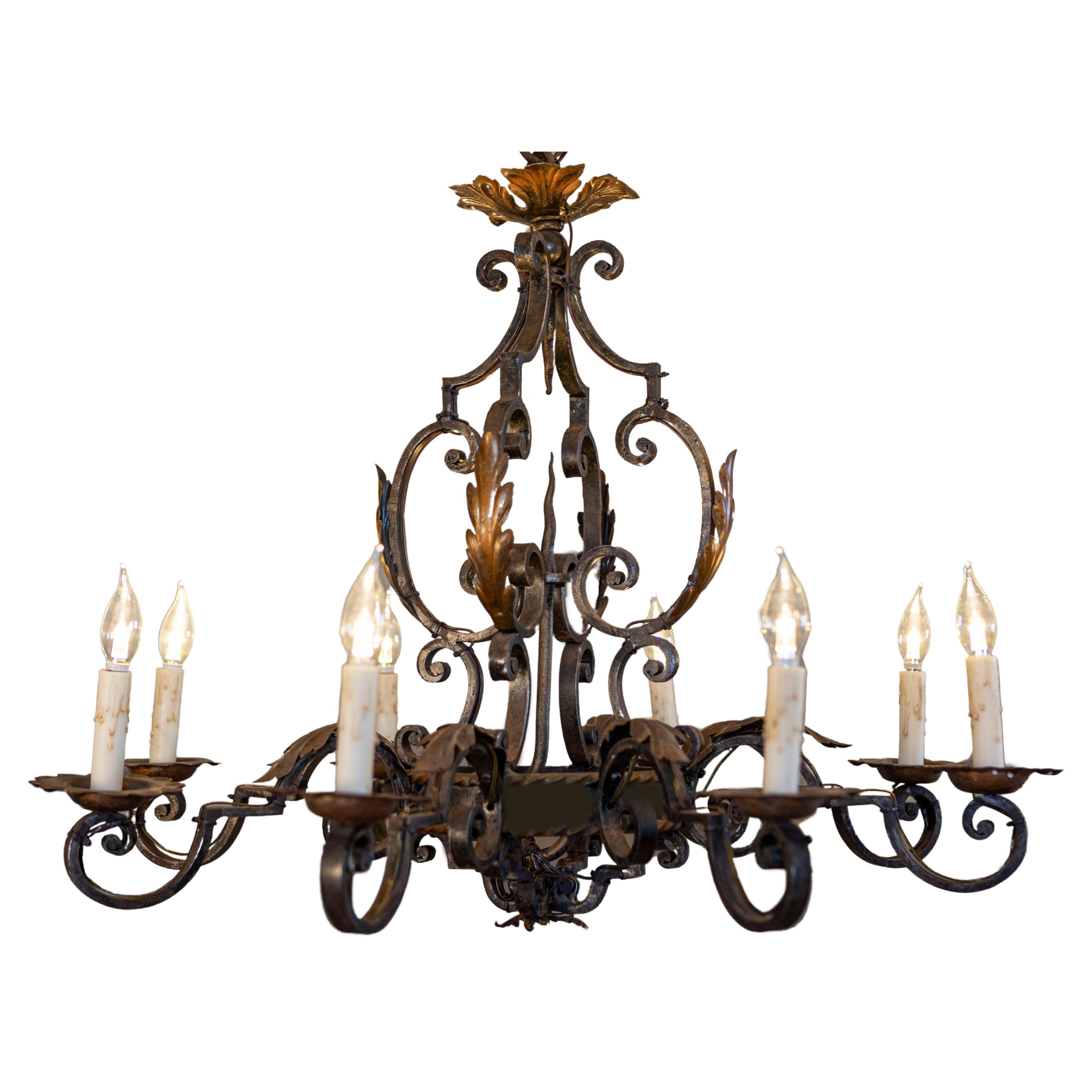 French Wrought Iron Eight-Light Chandelier with Scrolling Arms and Acanthus Leaf