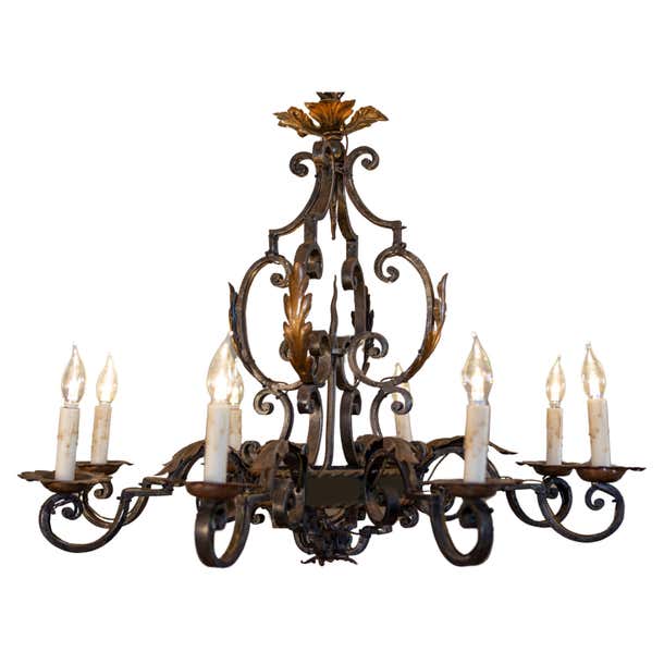French Wrought Iron Eight-Light Chandelier with Scrolling Arms and ...