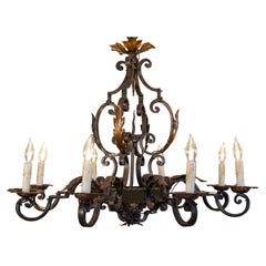 Vintage French Wrought Iron Eight-Light Chandelier with Scrolling Arms and Acanthus Leaf