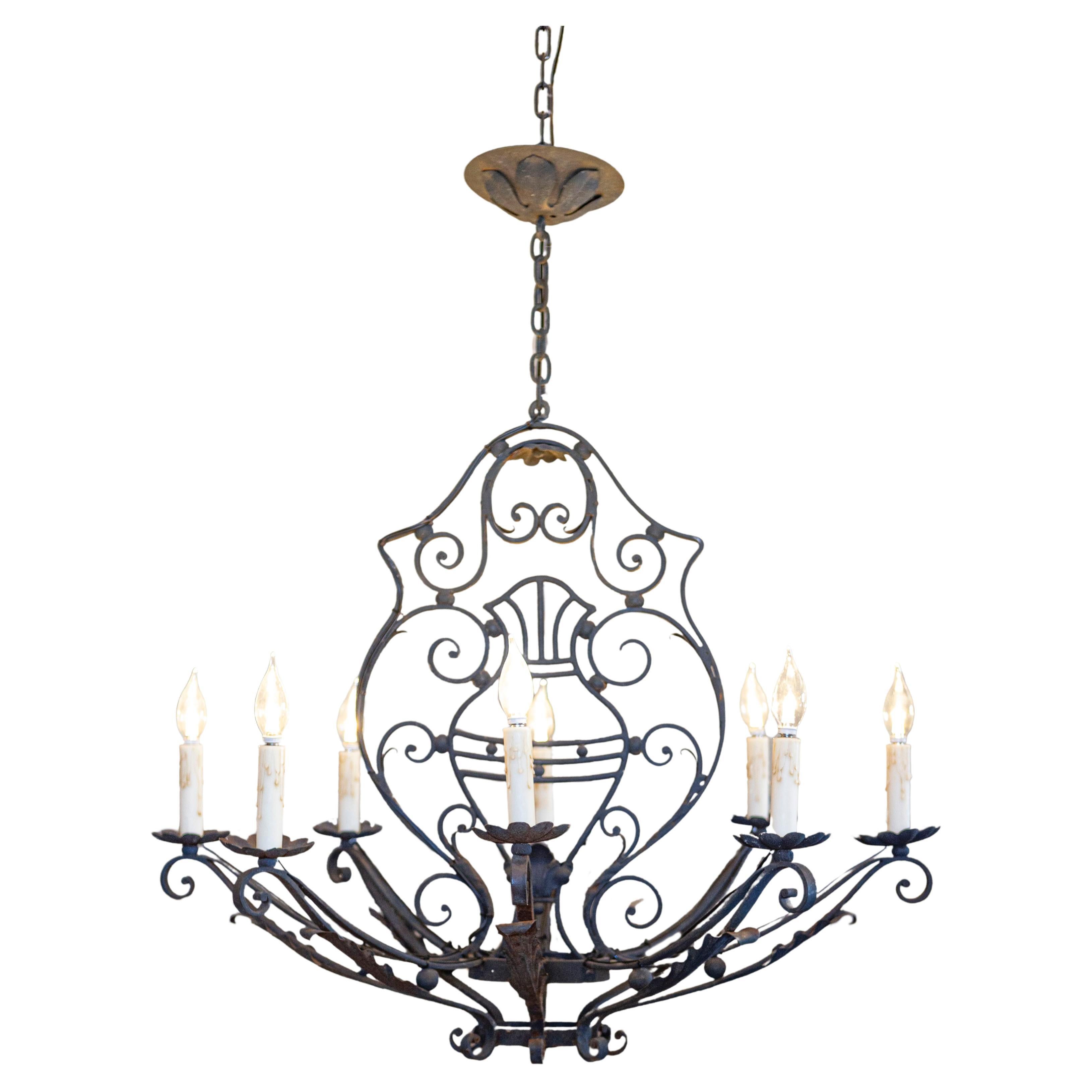 French Wrought Iron Eight-Light Chandelier with Scrollwork Motifs, USA Wired