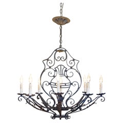 French Wrought Iron Eight-Light Chandelier with Scrollwork Motifs, USA Wired