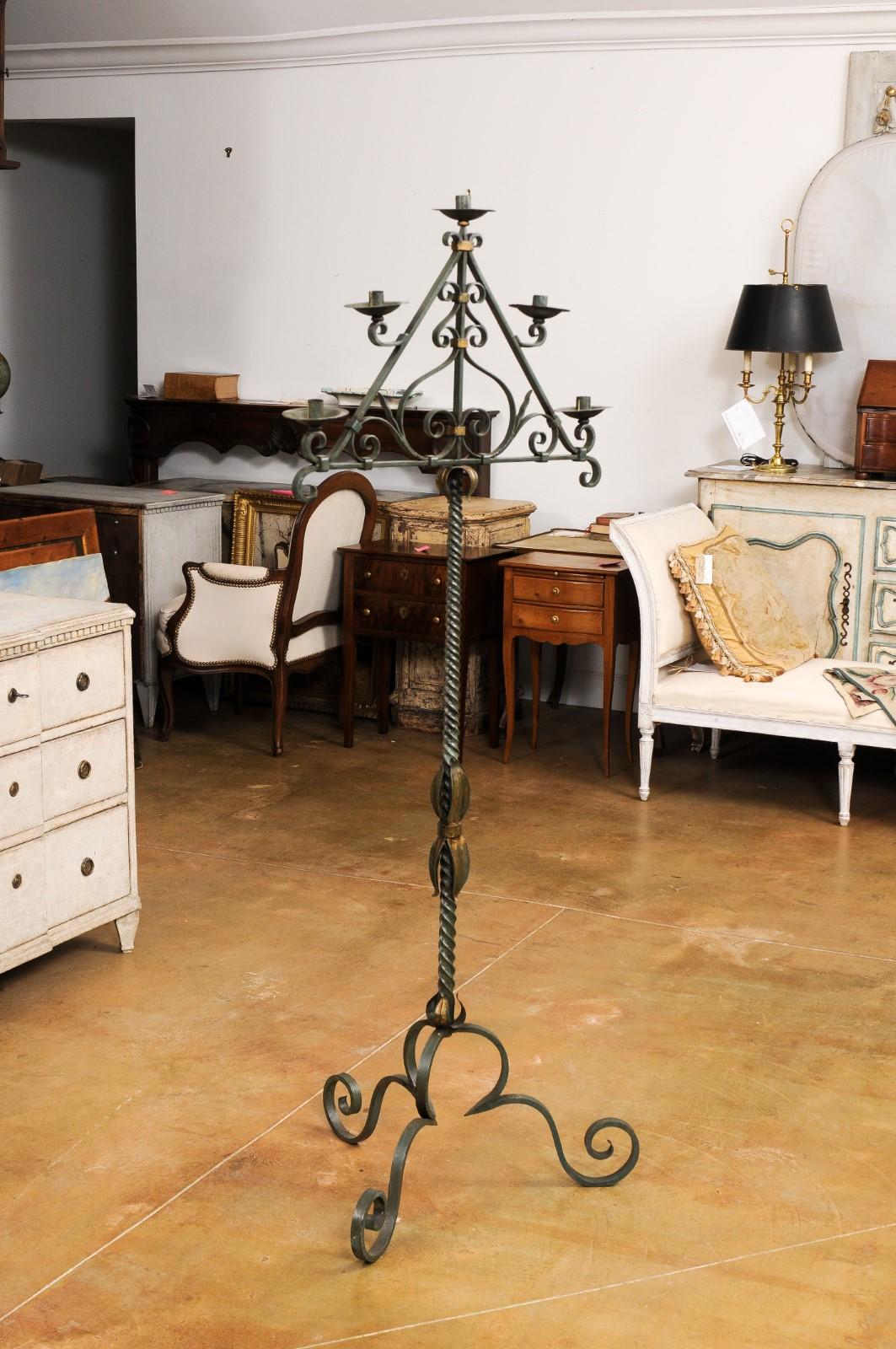 French Wrought Iron Five Light Candelabra with Celadon Lacquer and Gilt Accents For Sale 7