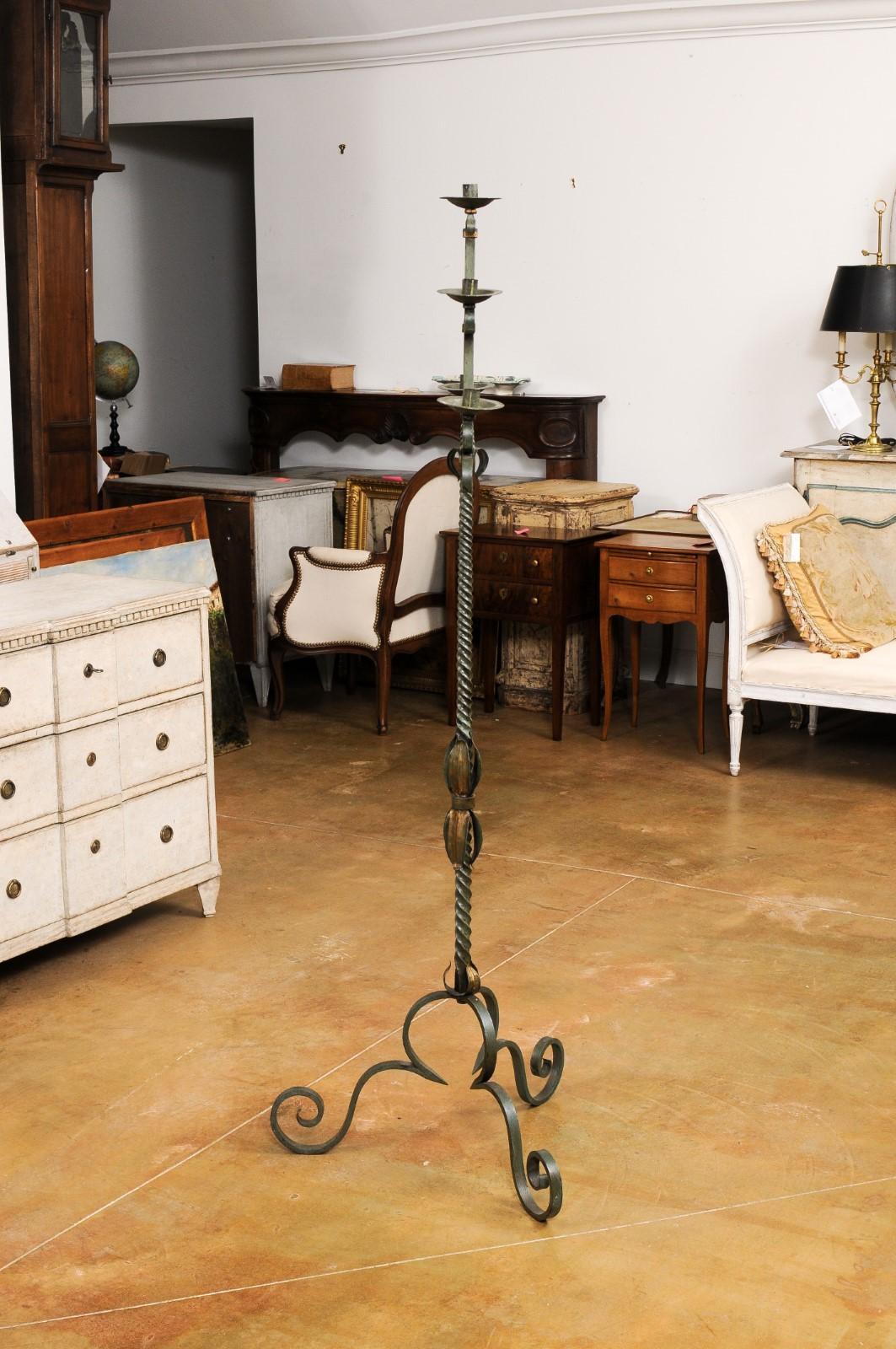 French Wrought Iron Five Light Candelabra with Celadon Lacquer and Gilt Accents For Sale 8