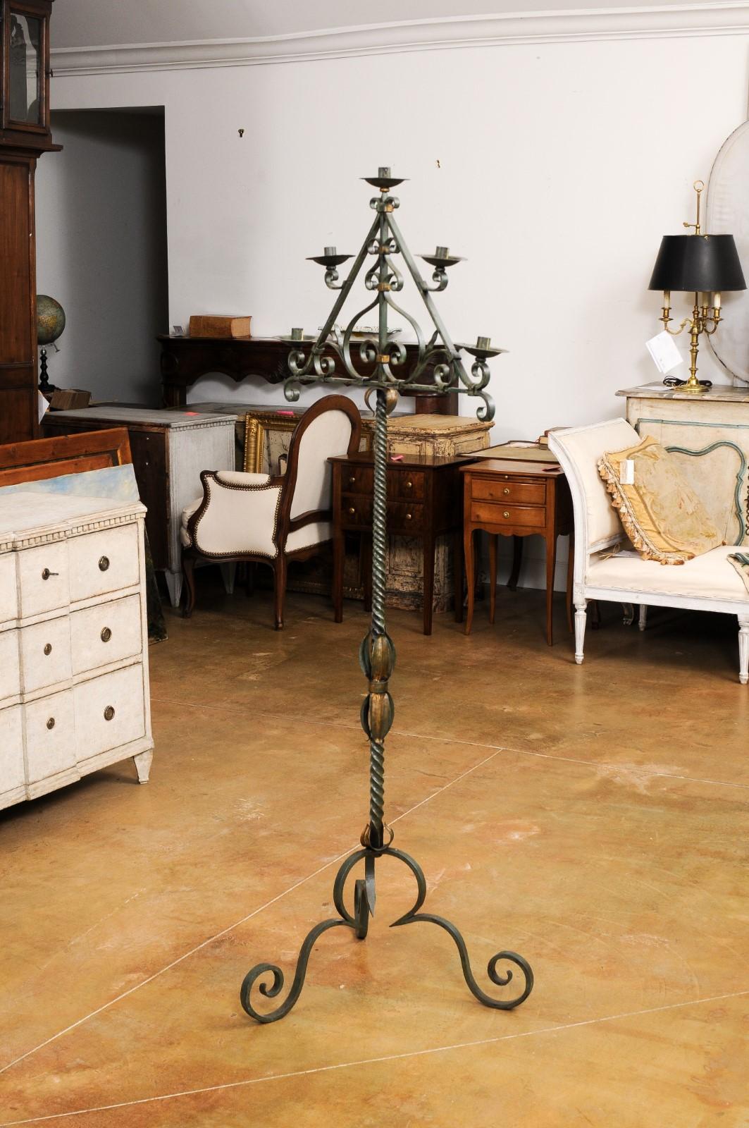 French Wrought Iron Five Light Candelabra with Celadon Lacquer and Gilt Accents For Sale 9