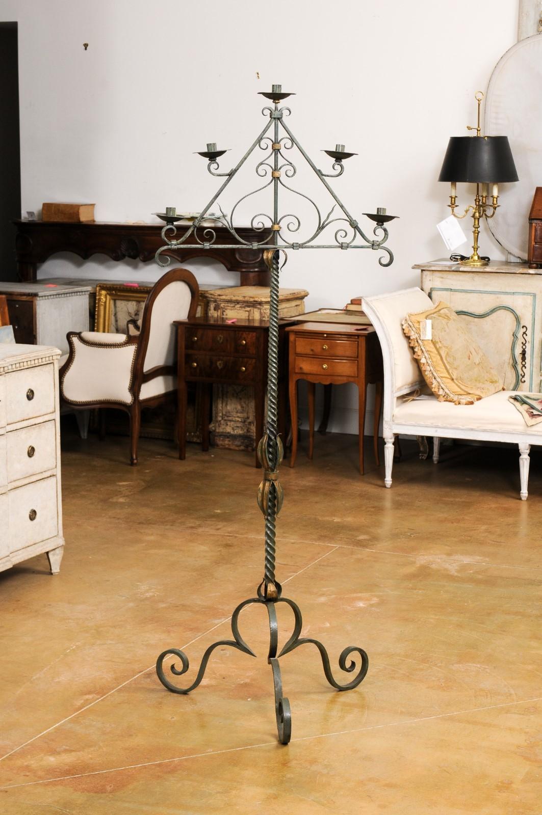 French Wrought Iron Five Light Candelabra with Celadon Lacquer and Gilt Accents In Good Condition For Sale In Atlanta, GA