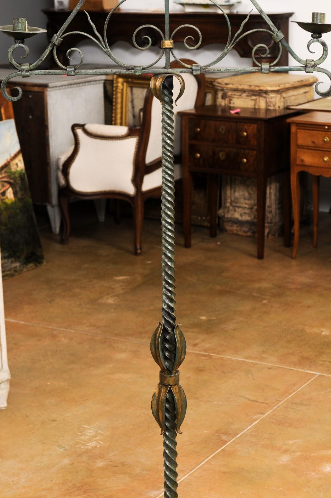 French Wrought Iron Five Light Candelabra with Celadon Lacquer and Gilt Accents For Sale 1