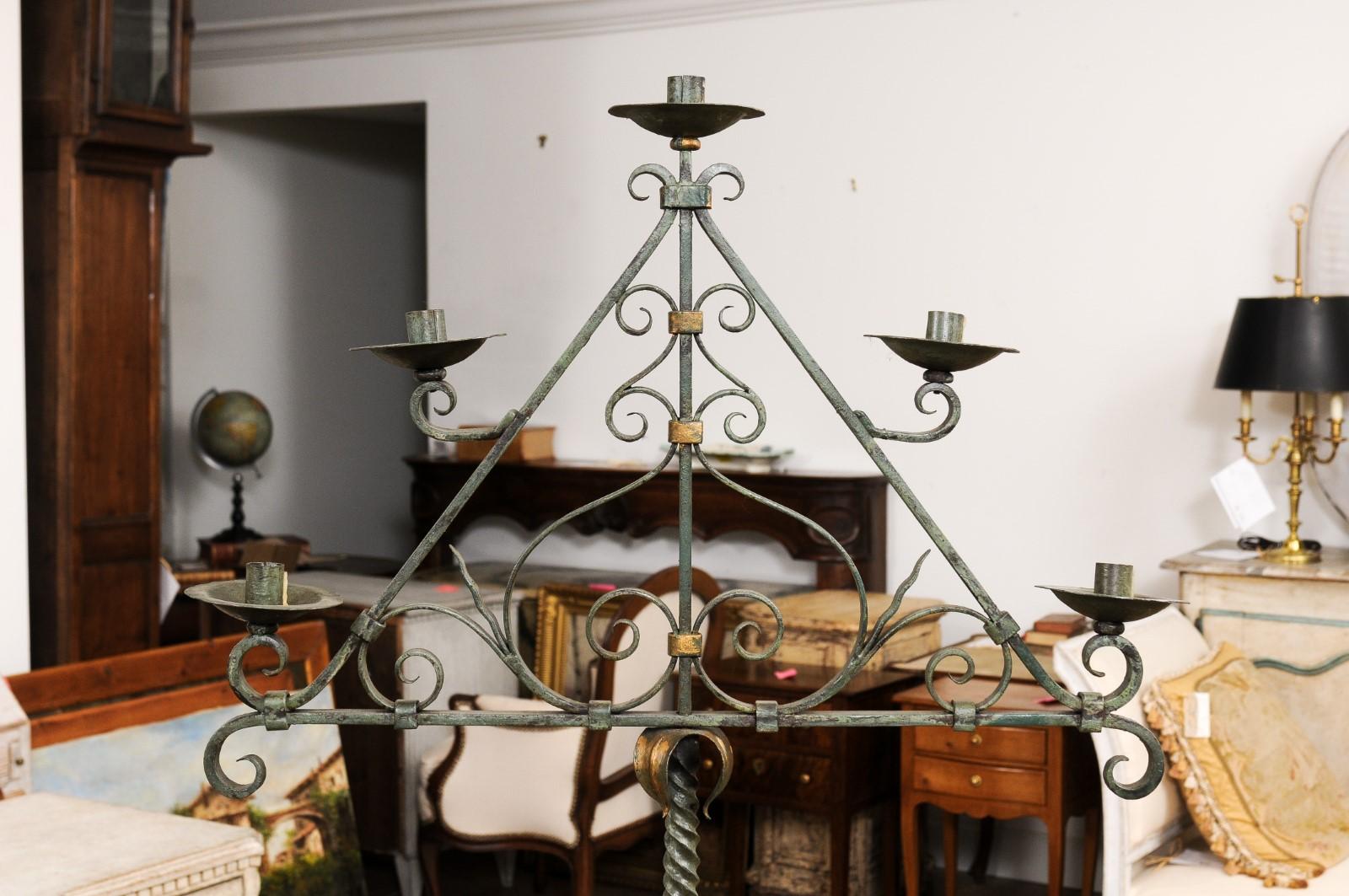 French Wrought Iron Five Light Candelabra with Celadon Lacquer and Gilt Accents For Sale 2