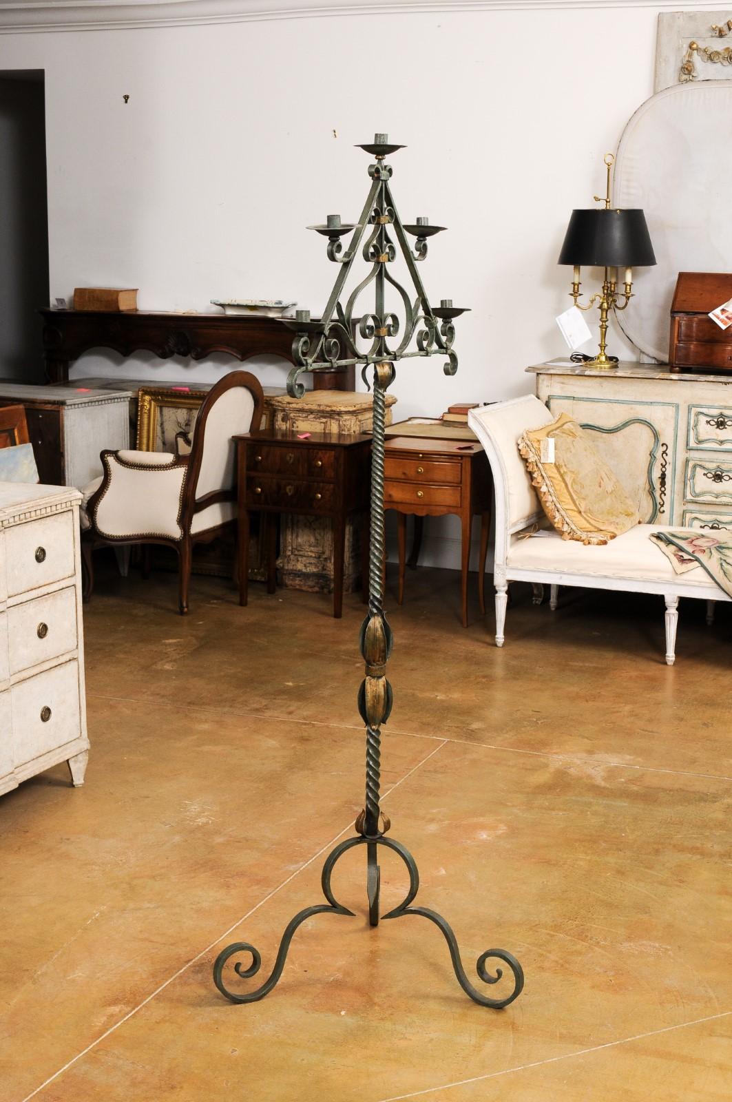 French Wrought Iron Five Light Candelabra with Celadon Lacquer and Gilt Accents For Sale 3