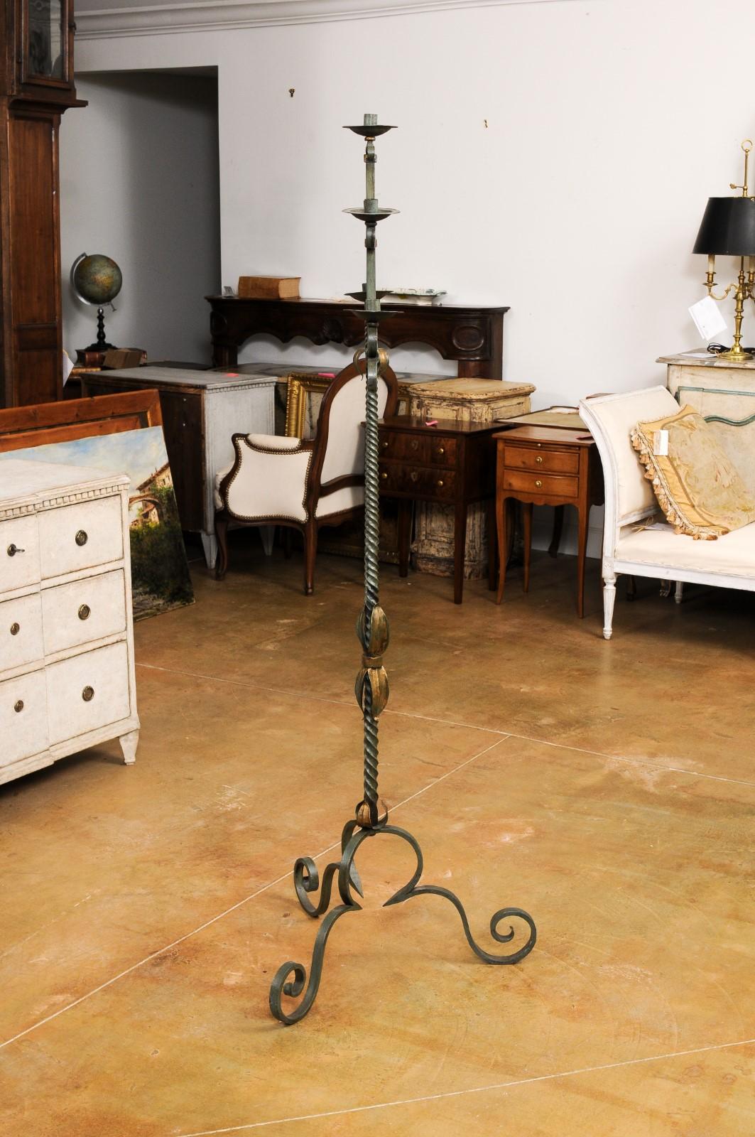French Wrought Iron Five Light Candelabra with Celadon Lacquer and Gilt Accents For Sale 4