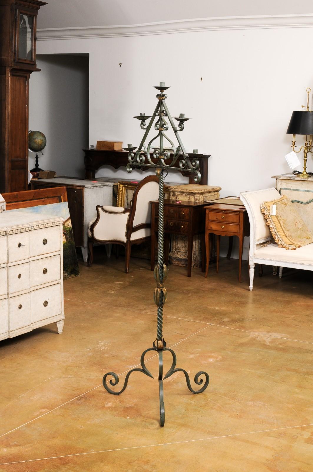 French Wrought Iron Five Light Candelabra with Celadon Lacquer and Gilt Accents For Sale 5
