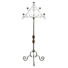 Vintage French Wrought Iron Five Light Candelabra with Celadon Lacquer and Gilt Accents