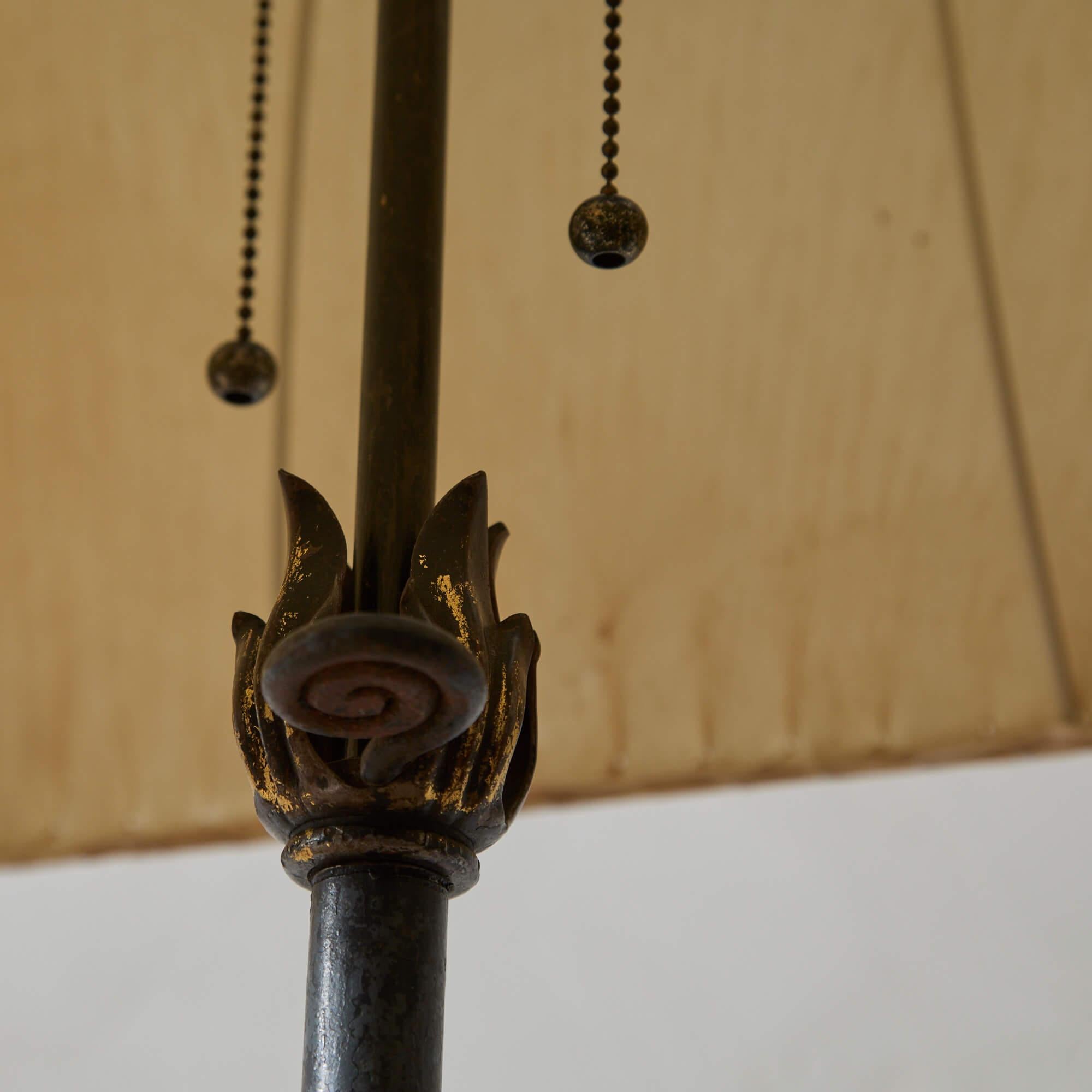 Mid-20th Century French Wrought Iron Floor Lamp with Gilding and Parchment Shade For Sale