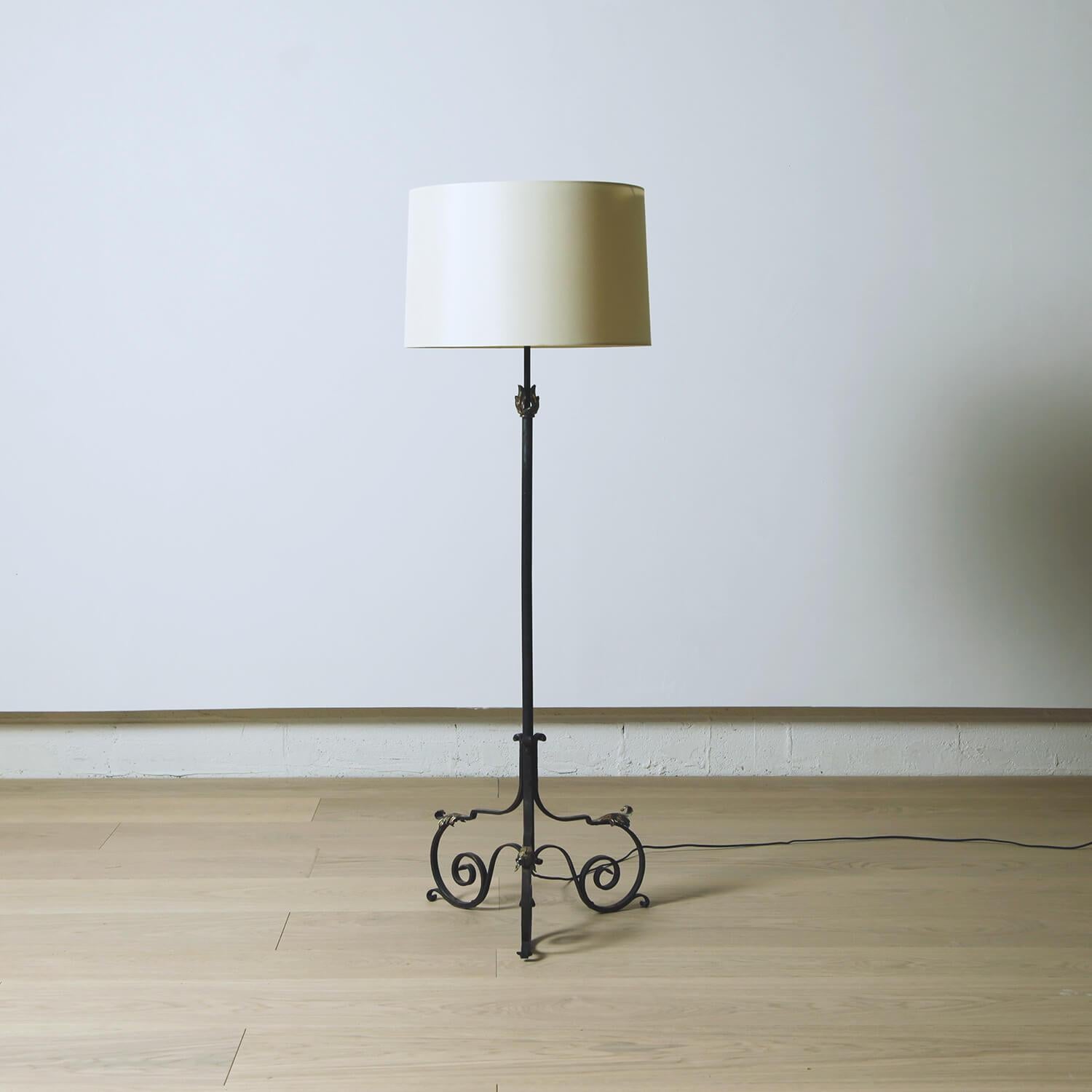 French Wrought Iron Floor Lamp with Gilding and Parchment Shade For Sale 3