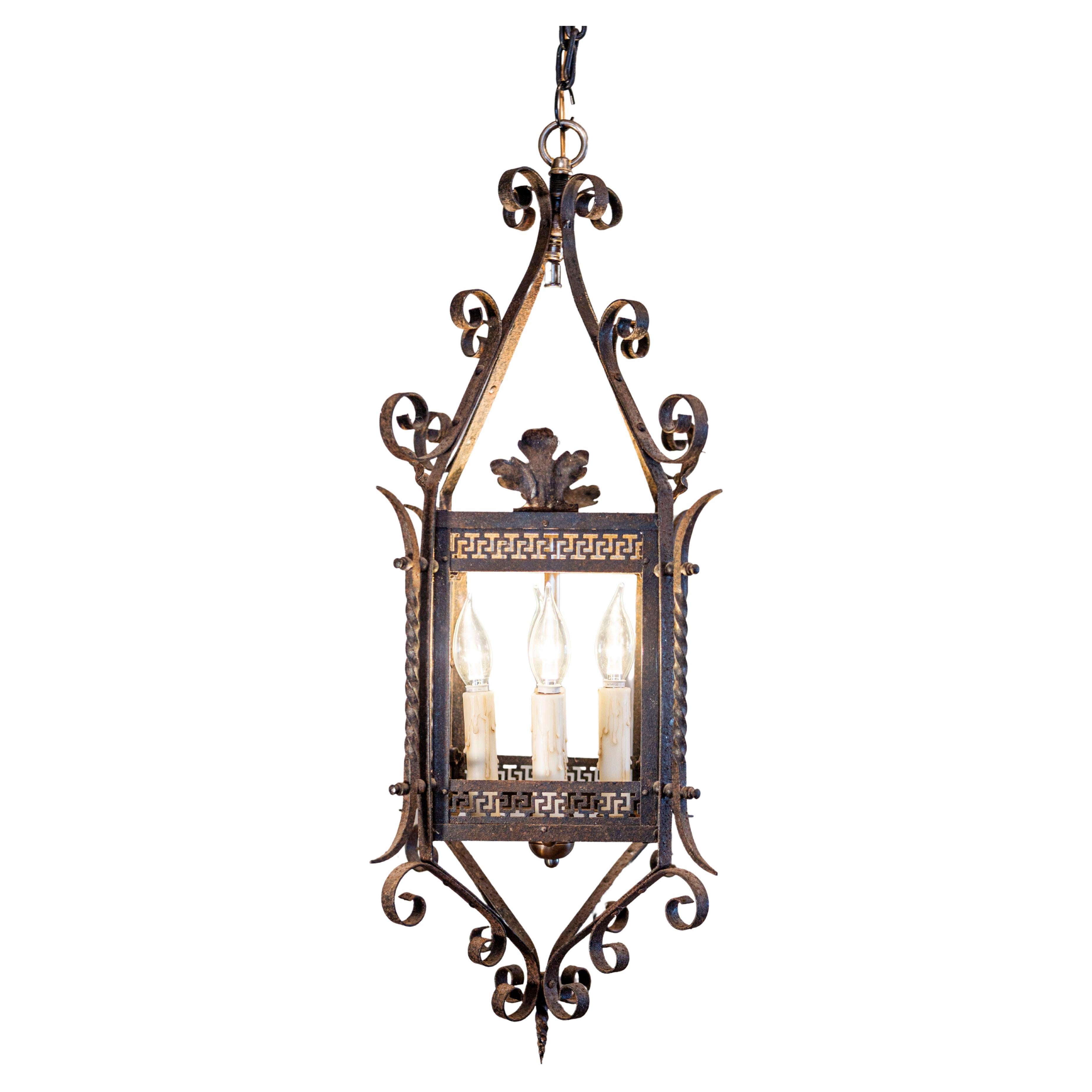French Wrought-Iron Four Light Lantern with Scrolling and Openwork Motifs