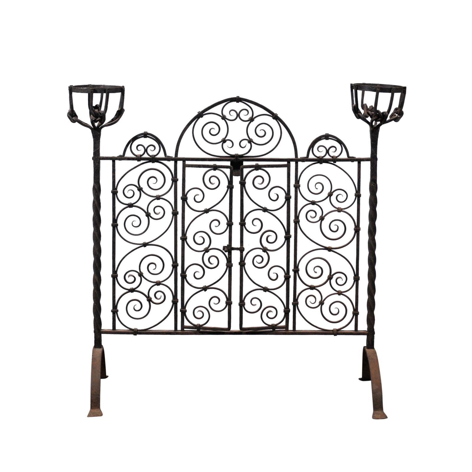 French Wrought Iron Freestanding Firescreen with Warming Holders, circa 1880 For Sale