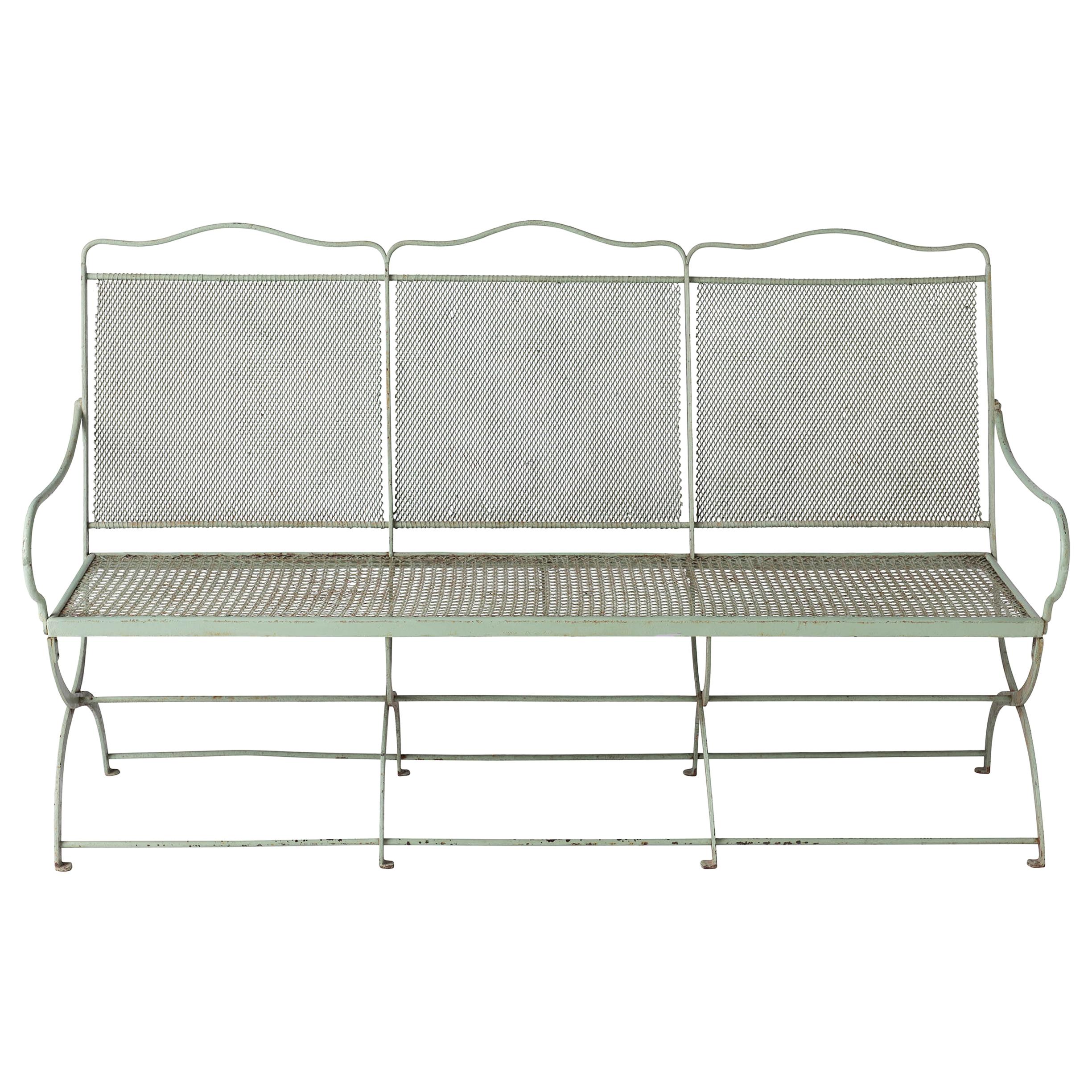 French Wrought Iron Garden Bench with Old Green Paint, circa 1920 For Sale