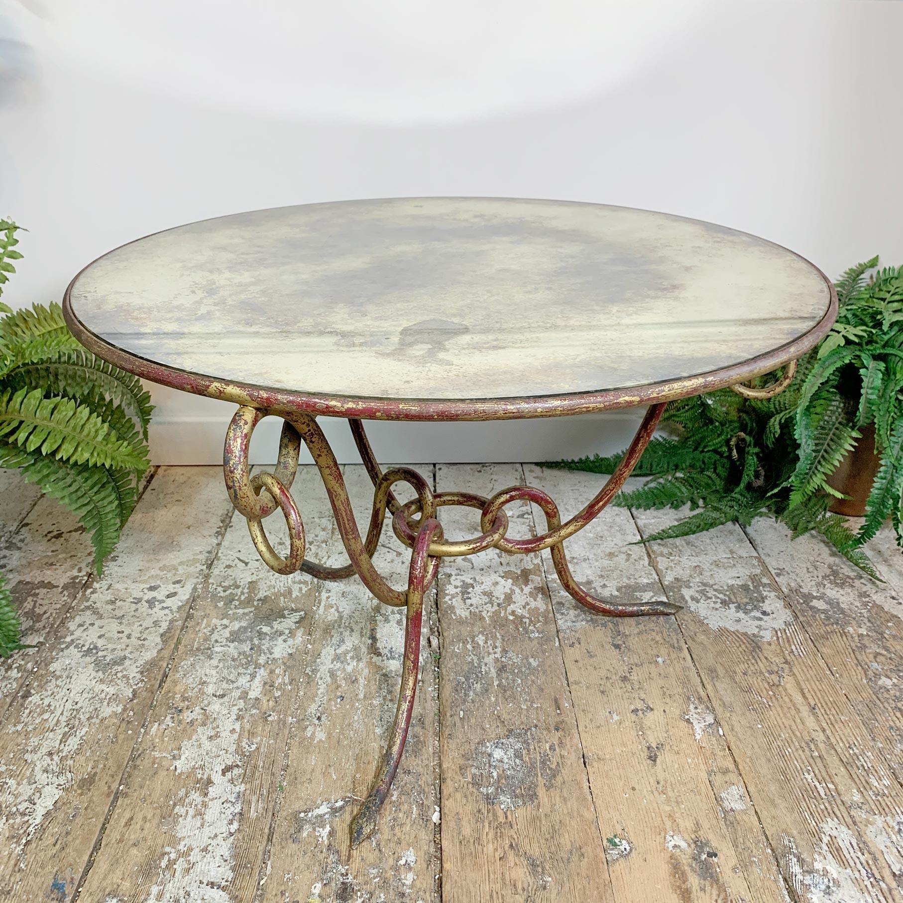 Brutalist French Wrought Iron Gold Coffee Table Rene Drouet, 1940’s For Sale