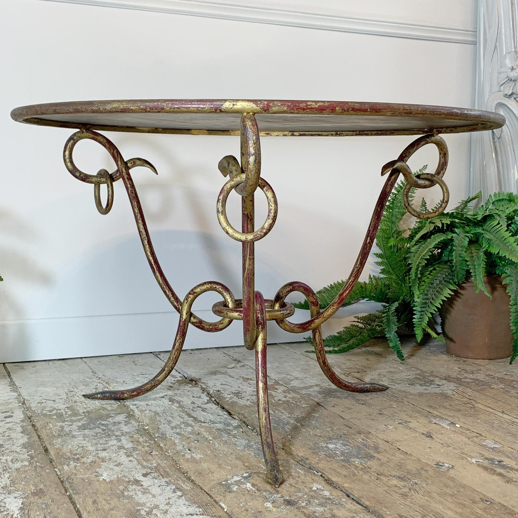 Gilt French Wrought Iron Gold Coffee Table Rene Drouet, 1940’s For Sale