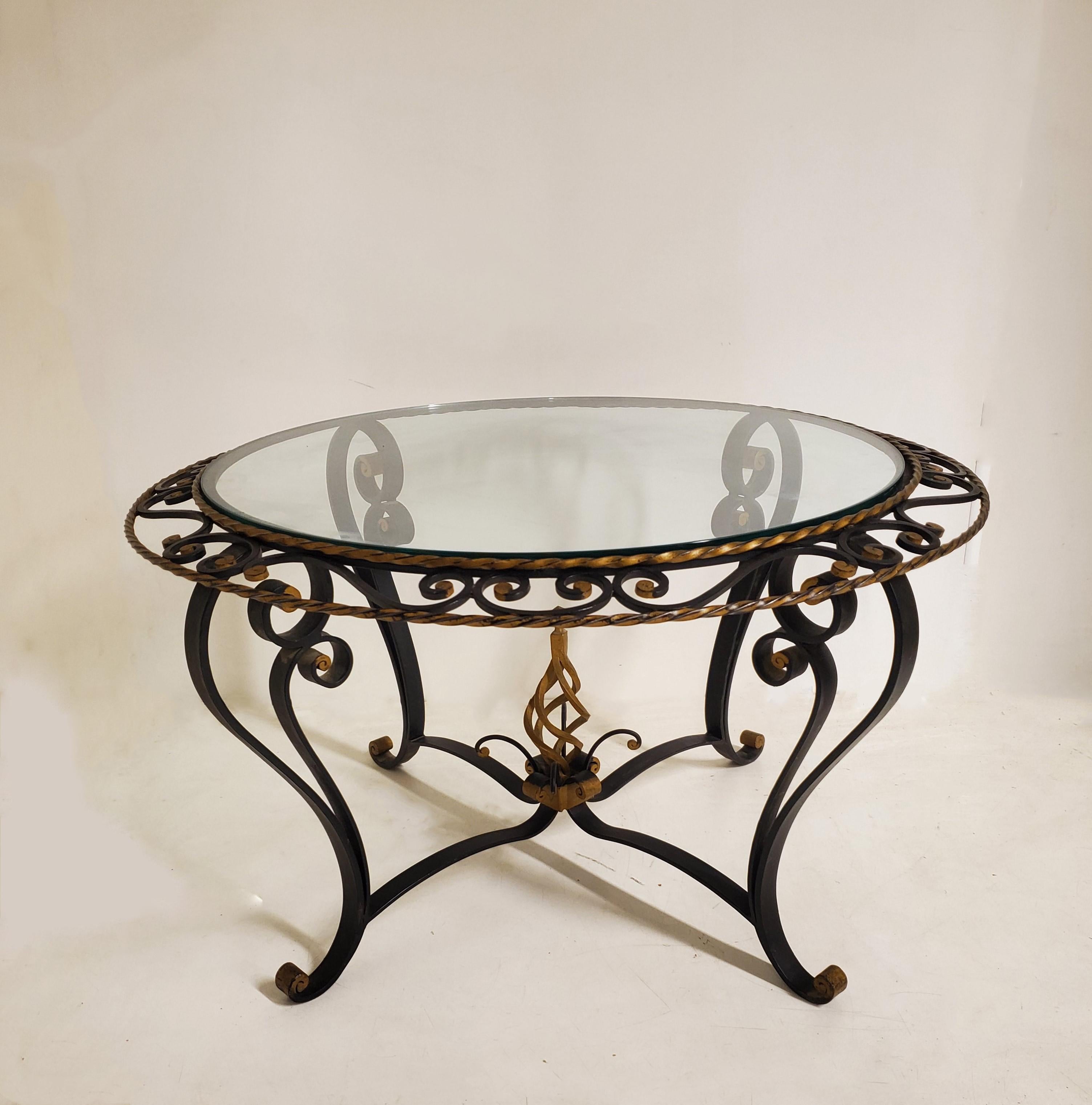 Art Deco French Wrought Iron Glass Top Coffee / Cocktail Table, Attrib to Poillerat For Sale