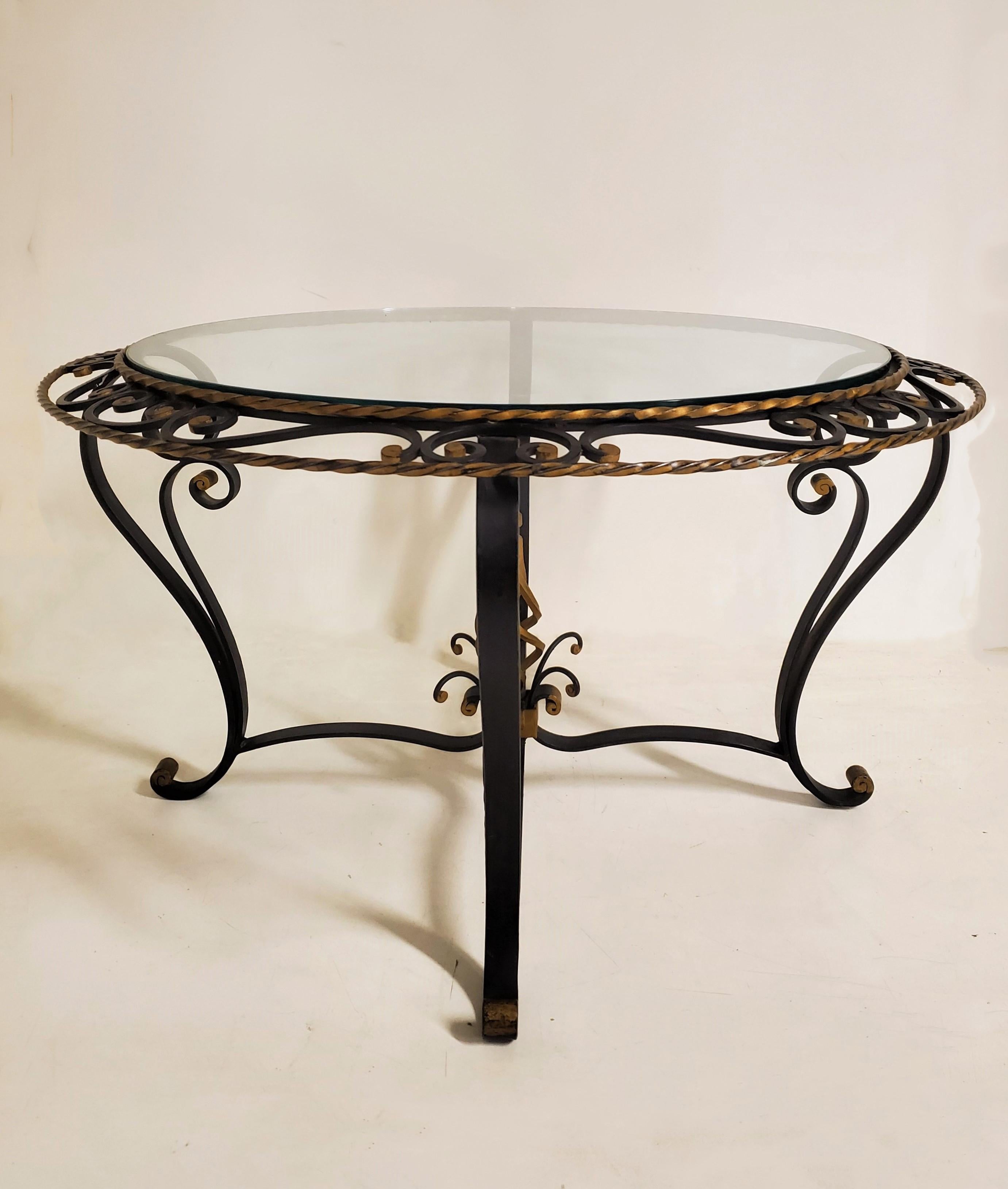 French Wrought Iron Glass Top Coffee / Cocktail Table, Attrib to Poillerat For Sale 1