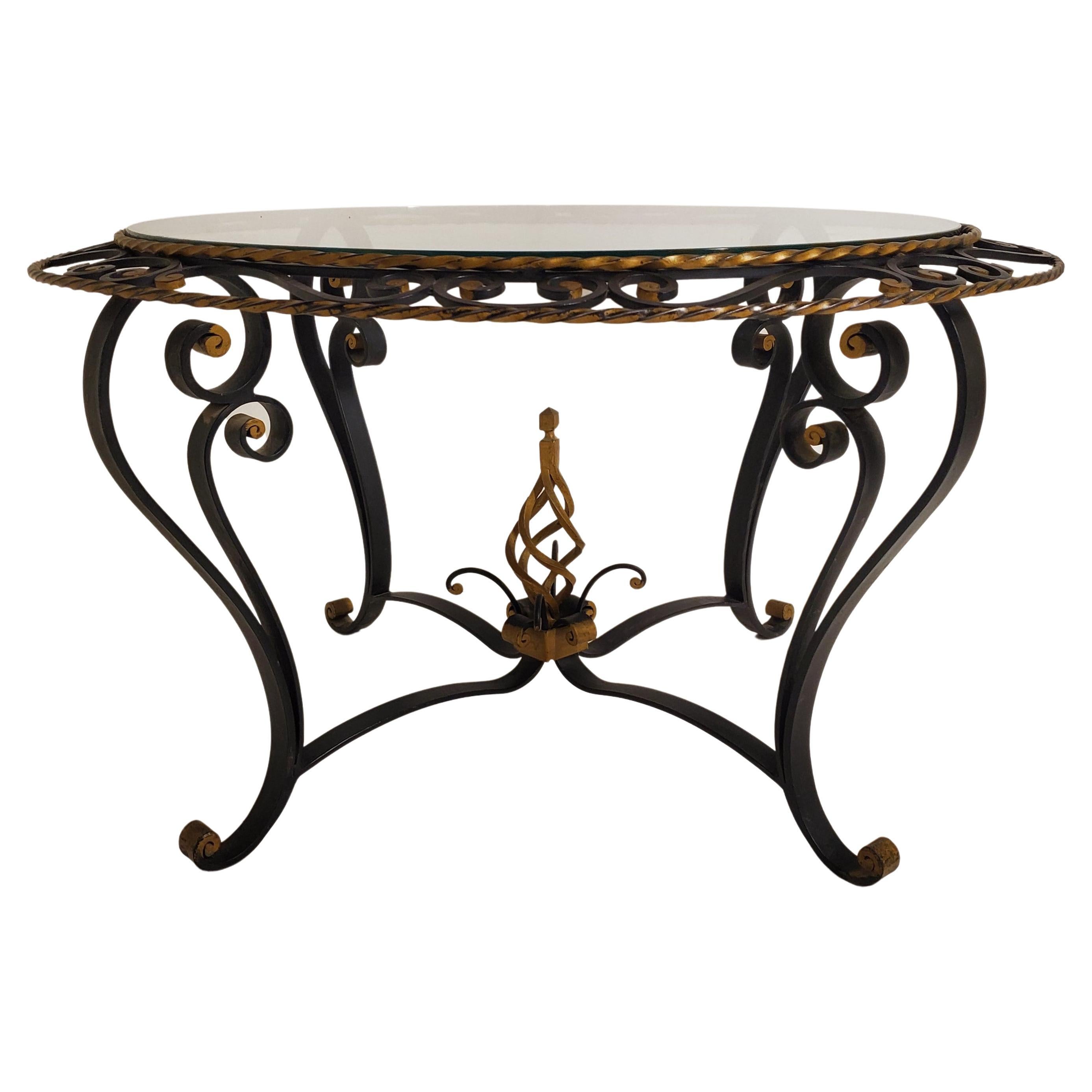 French Wrought Iron Glass Top Coffee / Cocktail Table, Attrib to Poillerat
