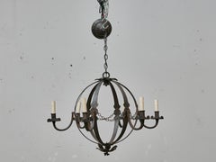 French Wrought Iron Globe Chandelier with Six Scrolling Arms, Circa 1900