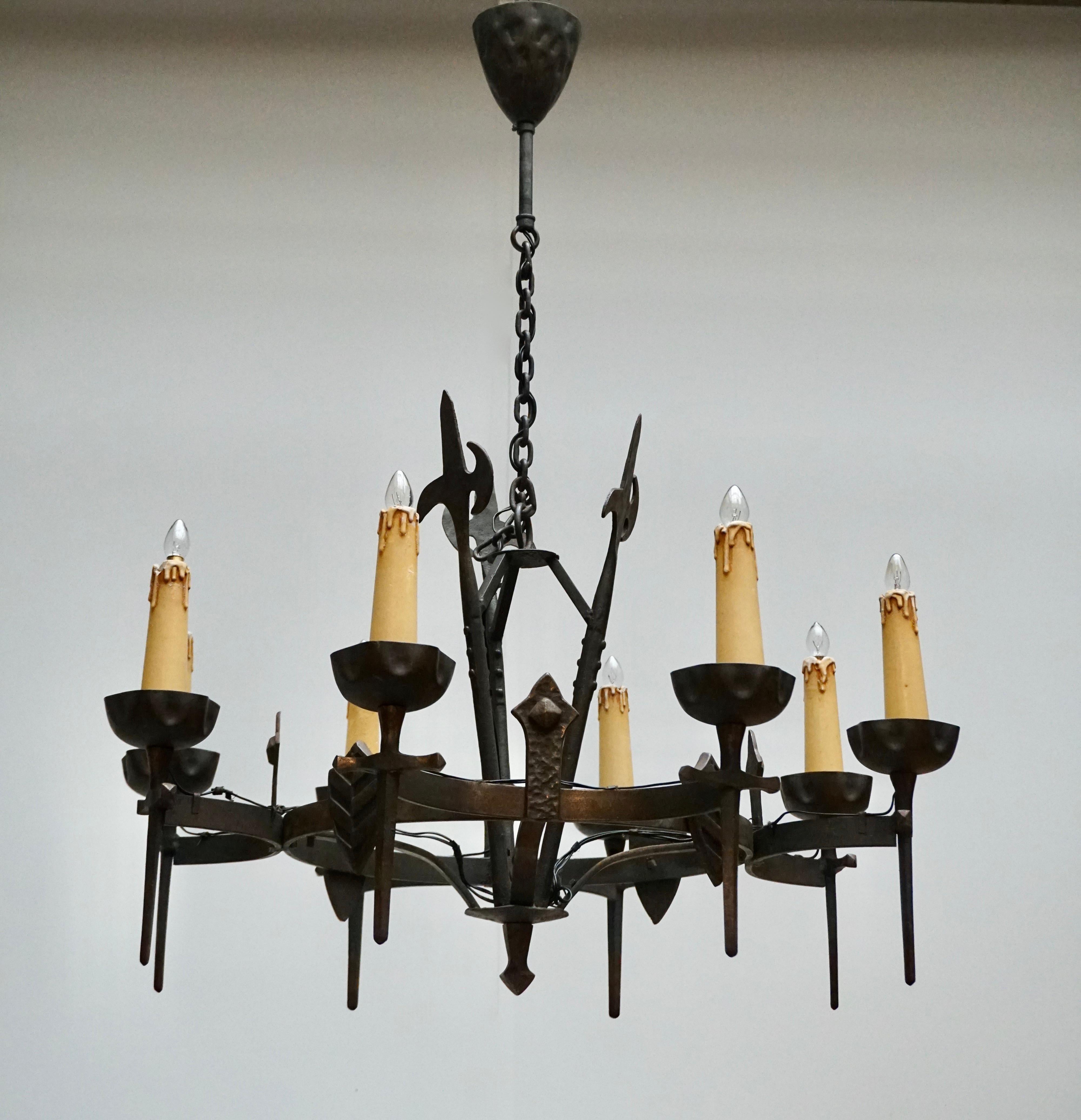 Hammered French Wrought Iron Gothic Hollywood Regency Tole Chandelier For Sale