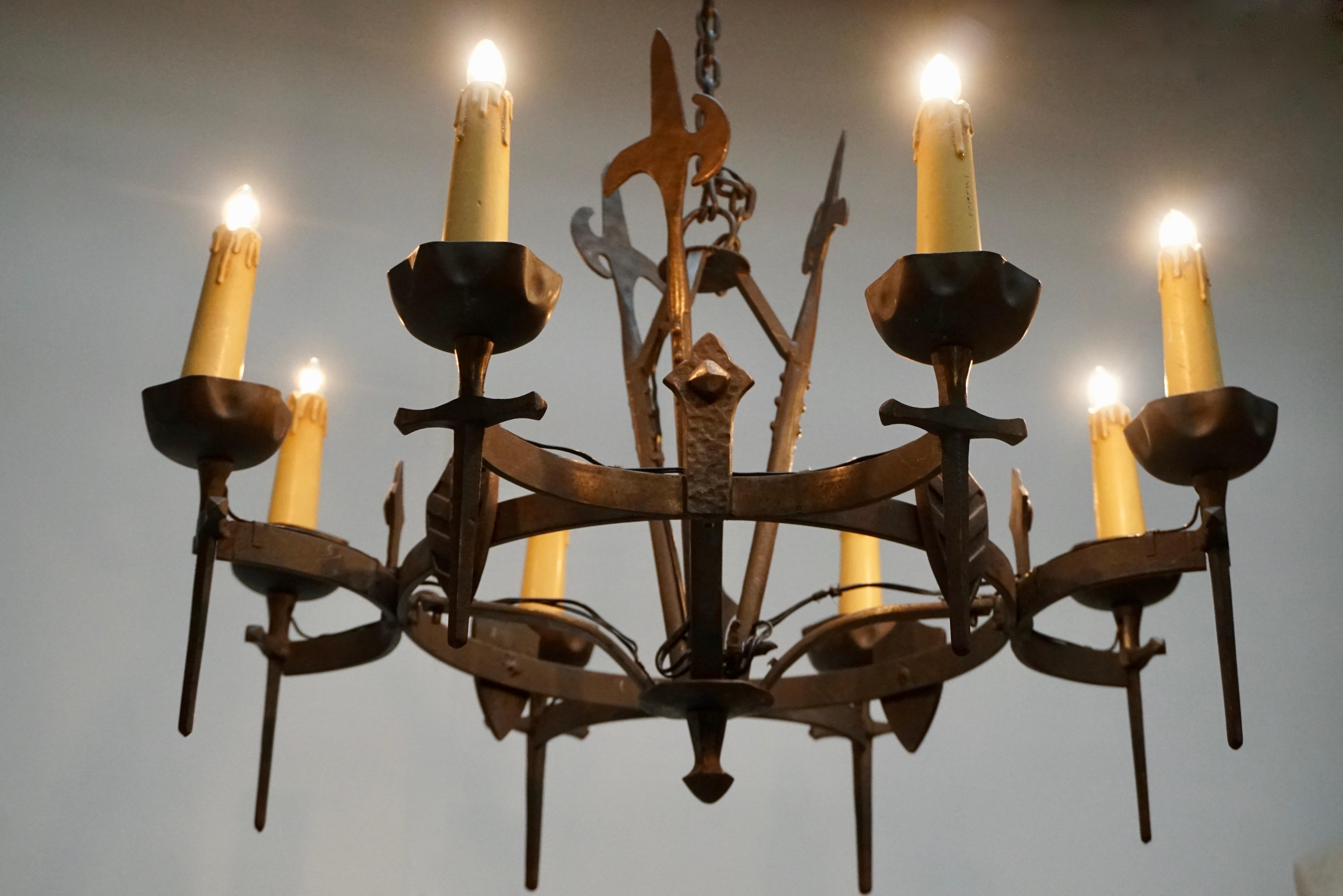19th Century French Wrought Iron Gothic Hollywood Regency Tole Chandelier For Sale