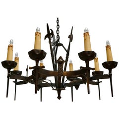 Antique French Wrought Iron Gothic Hollywood Regency Tole Chandelier