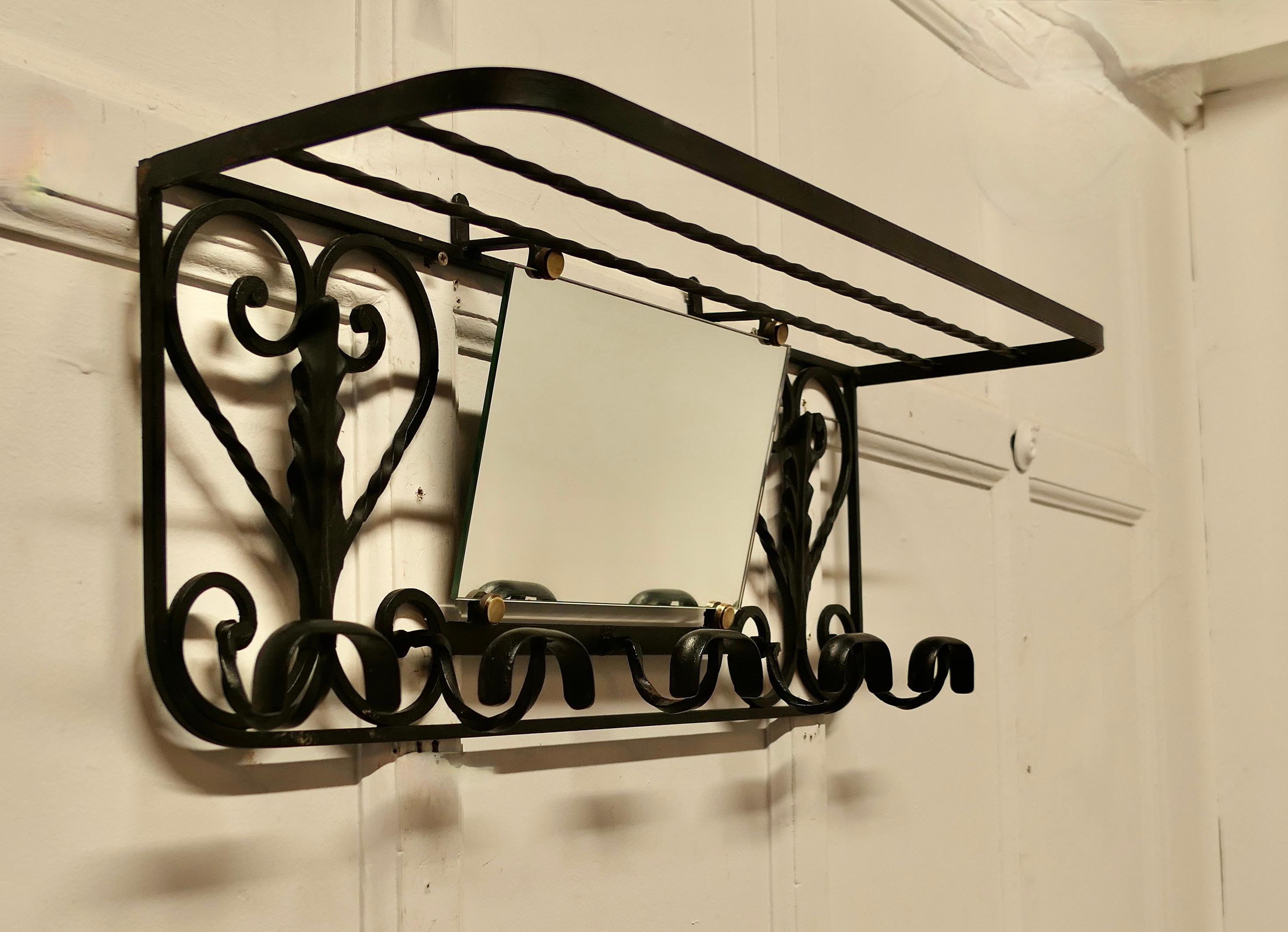 French Wrought Iron Hat and Coat Rack with Shelf & Mirror      In Good Condition For Sale In Chillerton, Isle of Wight