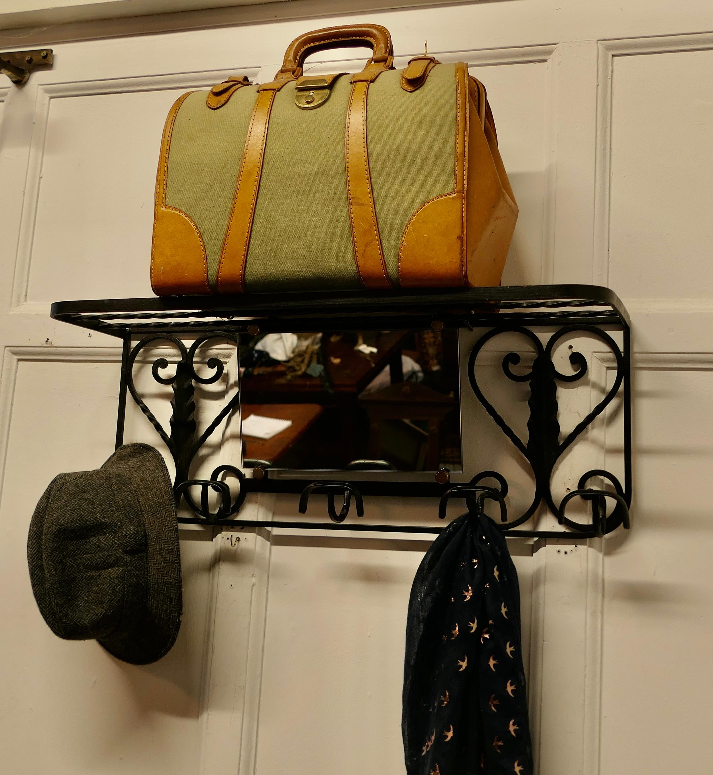 Mid-20th Century French Wrought Iron Hat and Coat Rack with Shelf & Mirror      For Sale
