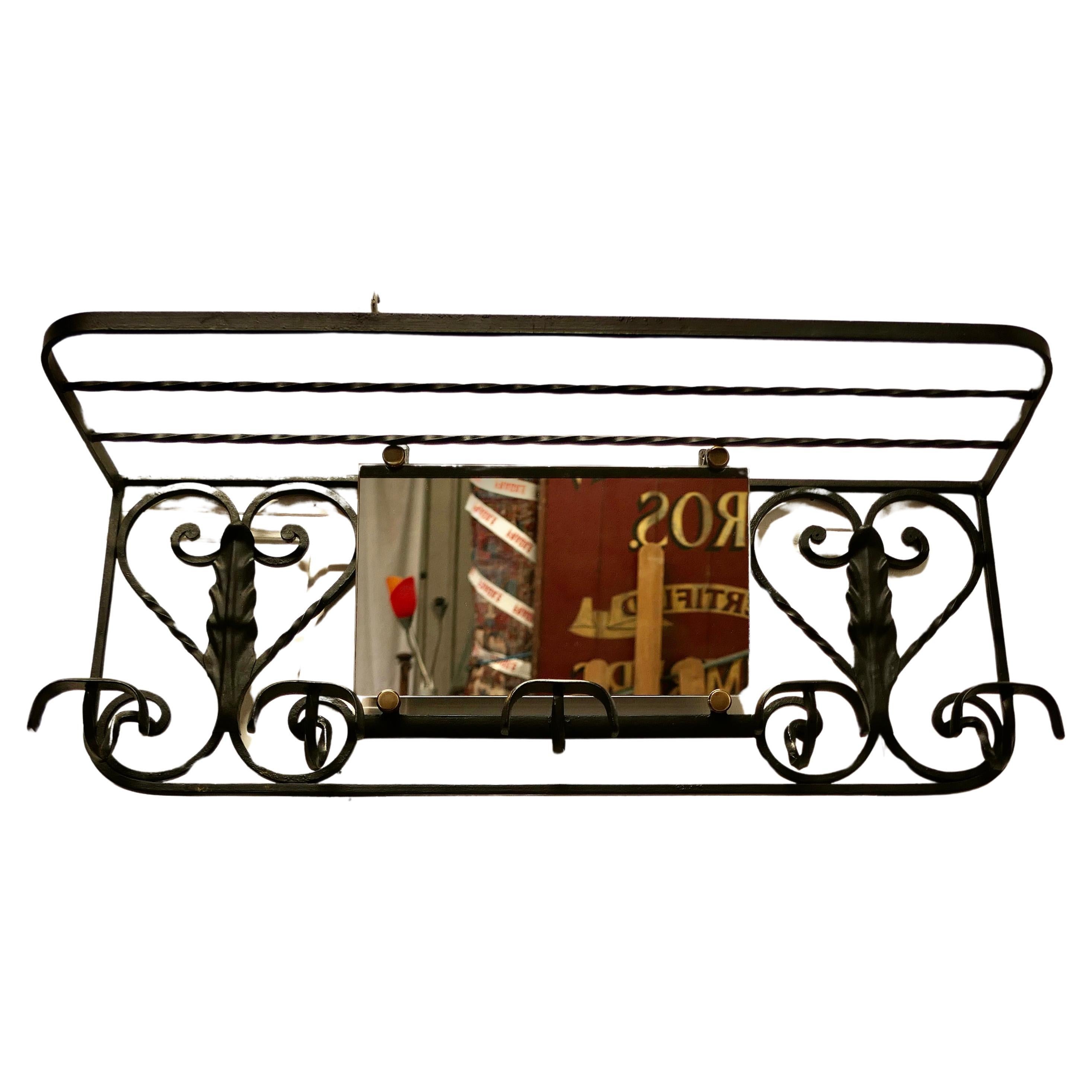 French Wrought Iron Hat and Coat Rack with Shelf & Mirror      For Sale
